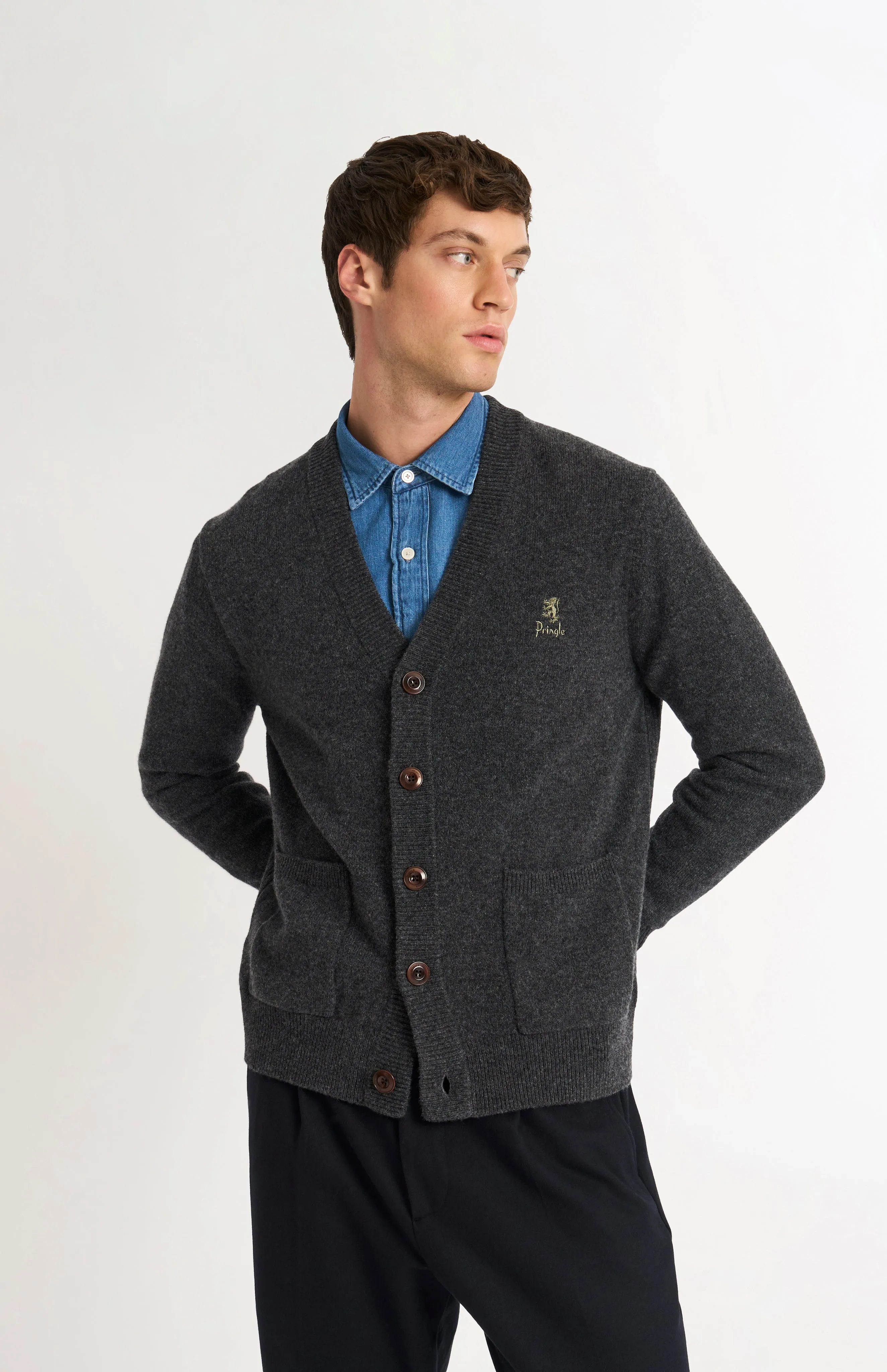 Men's Classic Supersoft Lambswool Cardigan In Charcoal sold by Pringle of Scotland