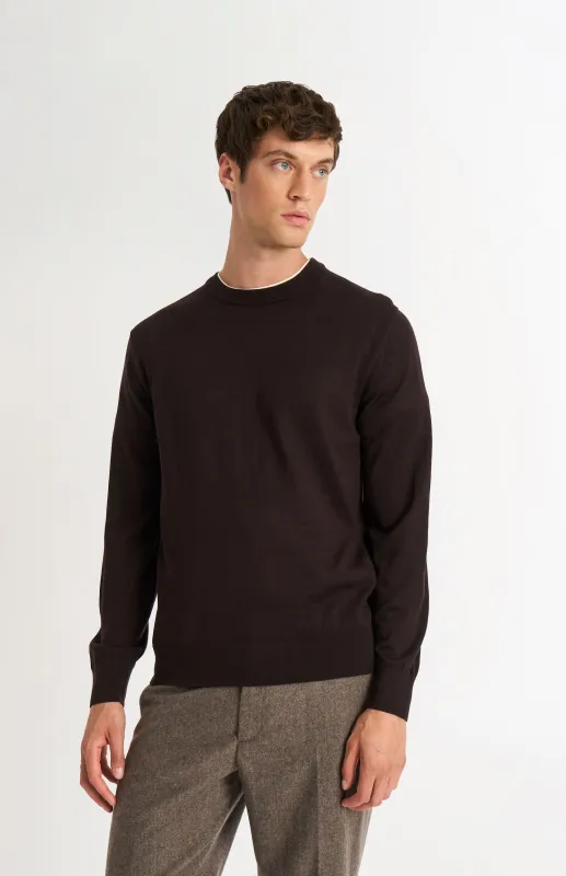 Men's Crew Neck Extra Fine Merino Wool Jumper In Dark Brown sold by Pringle of Scotland
