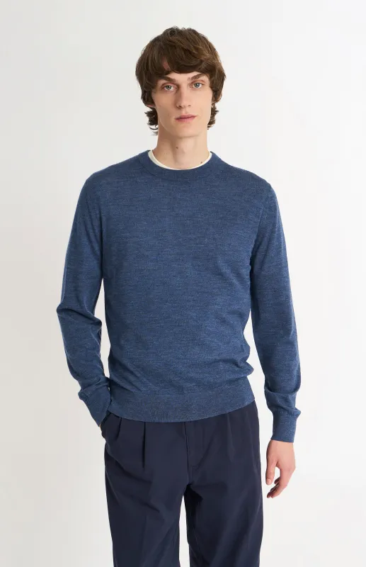 Men's Crew Neck Extra Fine Merino Wool Jumper In Blue sold by Pringle of Scotland