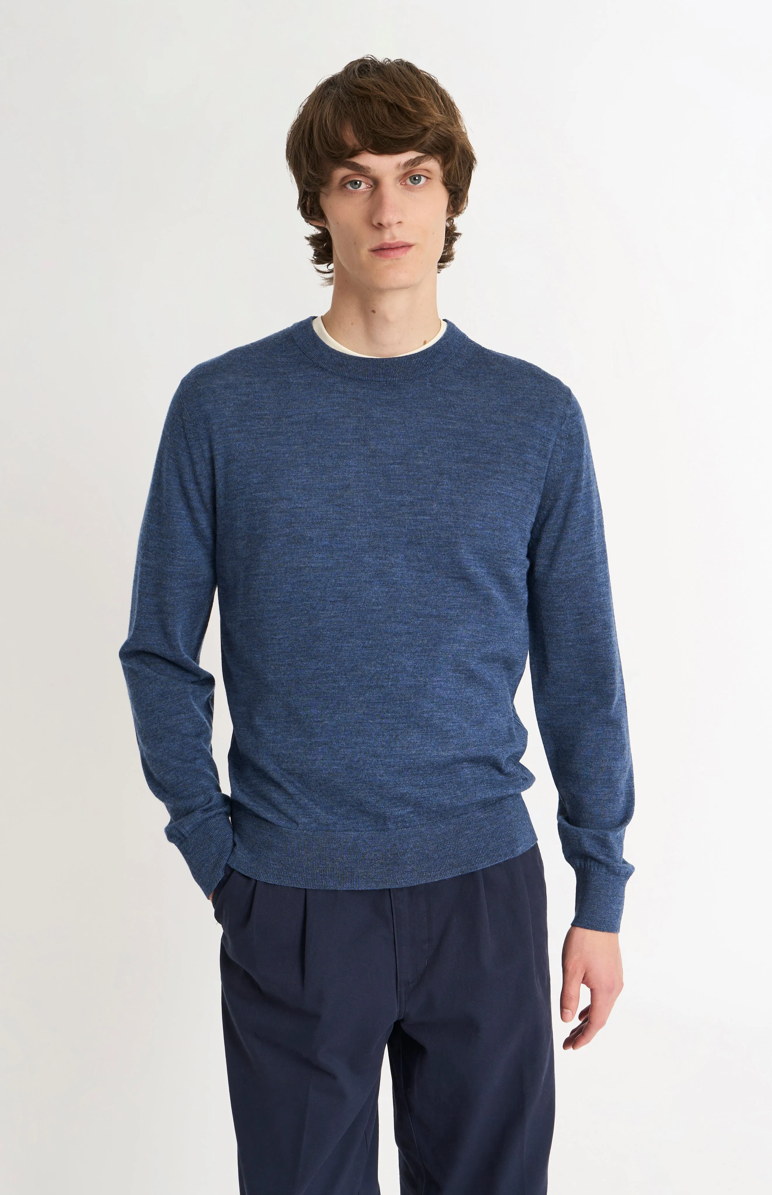 Men's Crew Neck Extra Fine Merino Wool Jumper In Blue sold by Pringle of Scotland