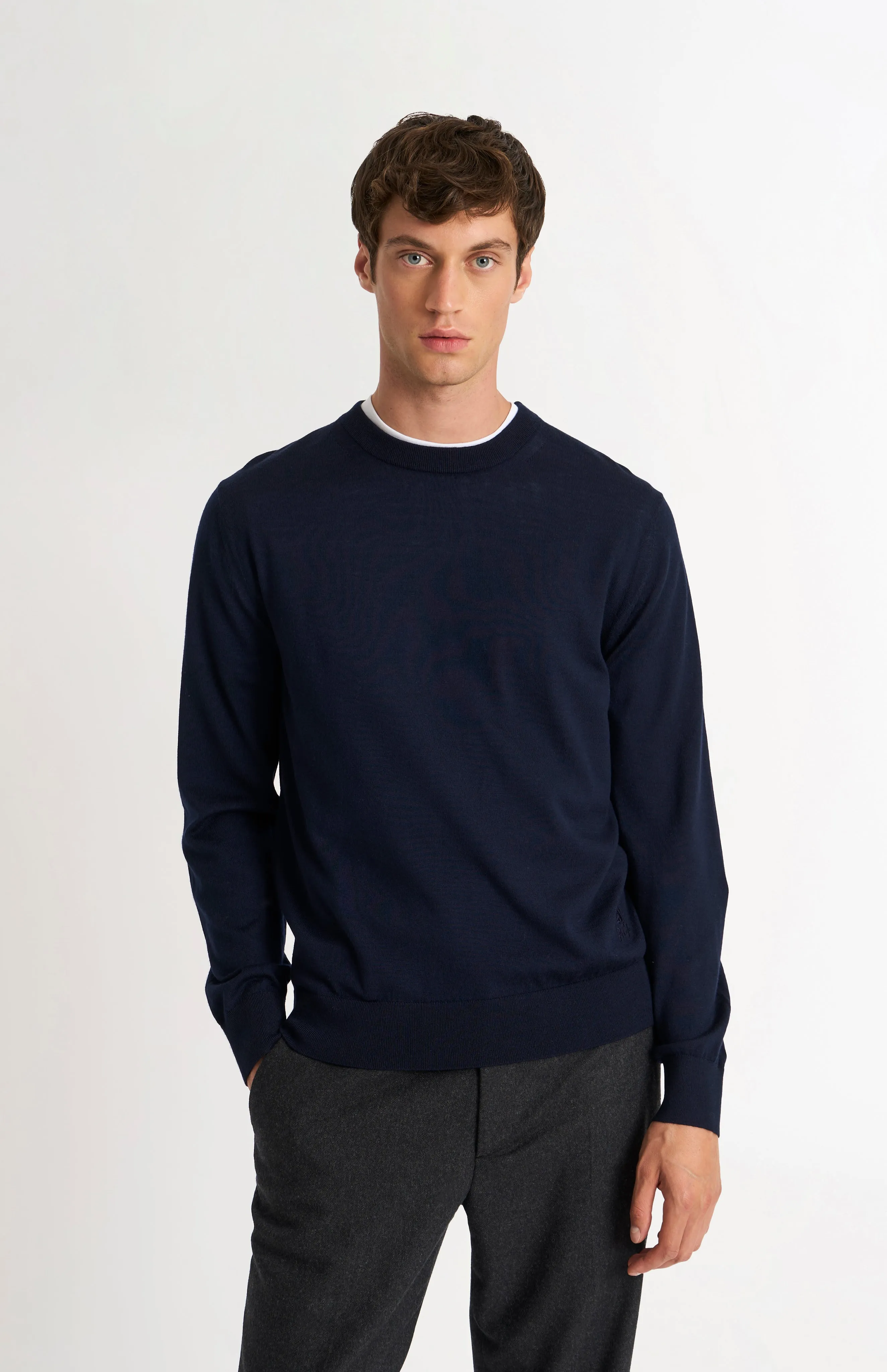 Men's Crew Neck Extra Fine Merino Wool Jumper In Navy Blue sold by Pringle of Scotland