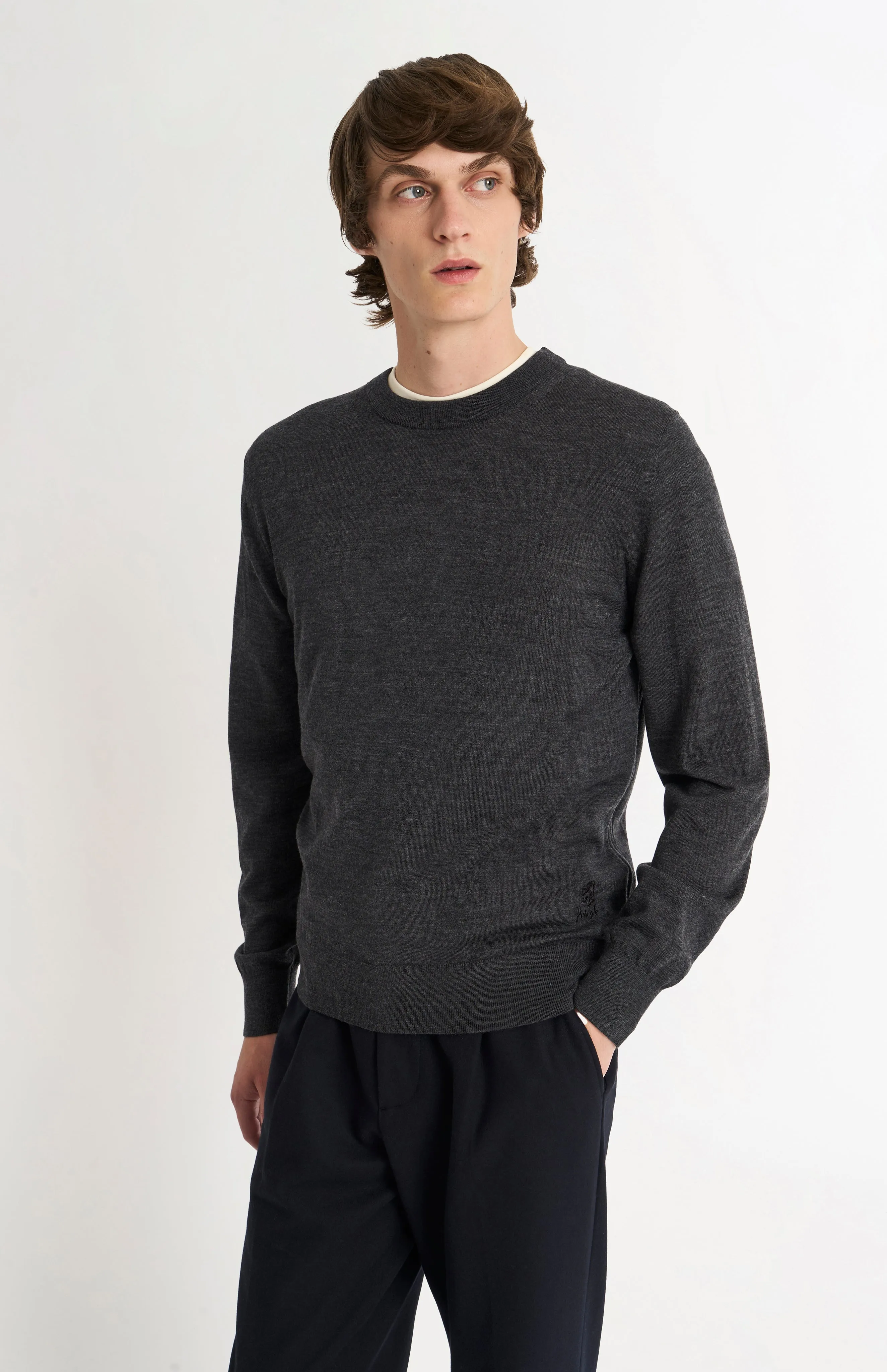 Men's Crew Neck Extra Fine Merino Wool Jumper In Charcoal Melange sold by Pringle of Scotland