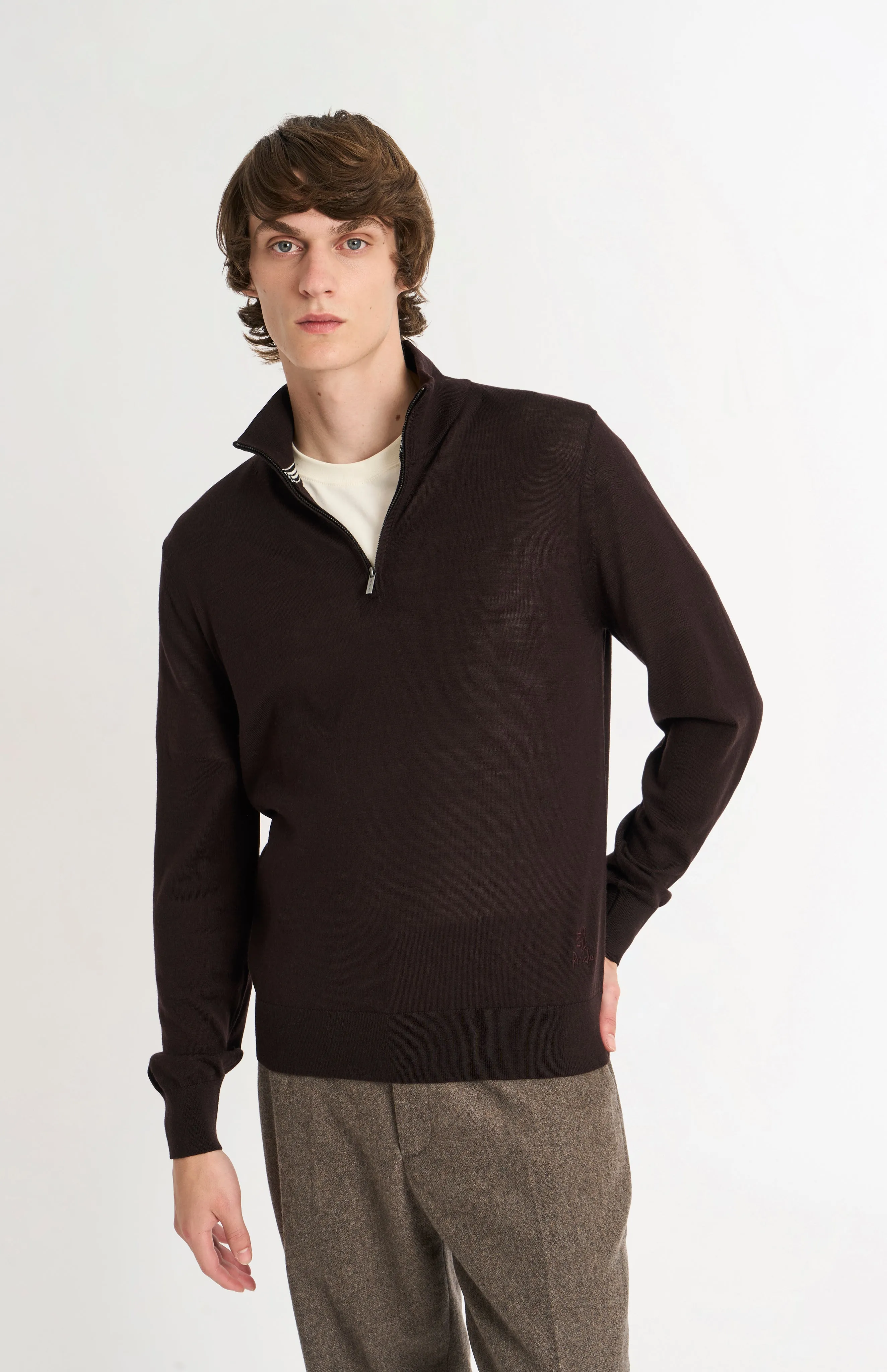 Men's Qtr Zip Extra Fine Merino Wool Jumper In Dark Brown sold by Pringle of Scotland