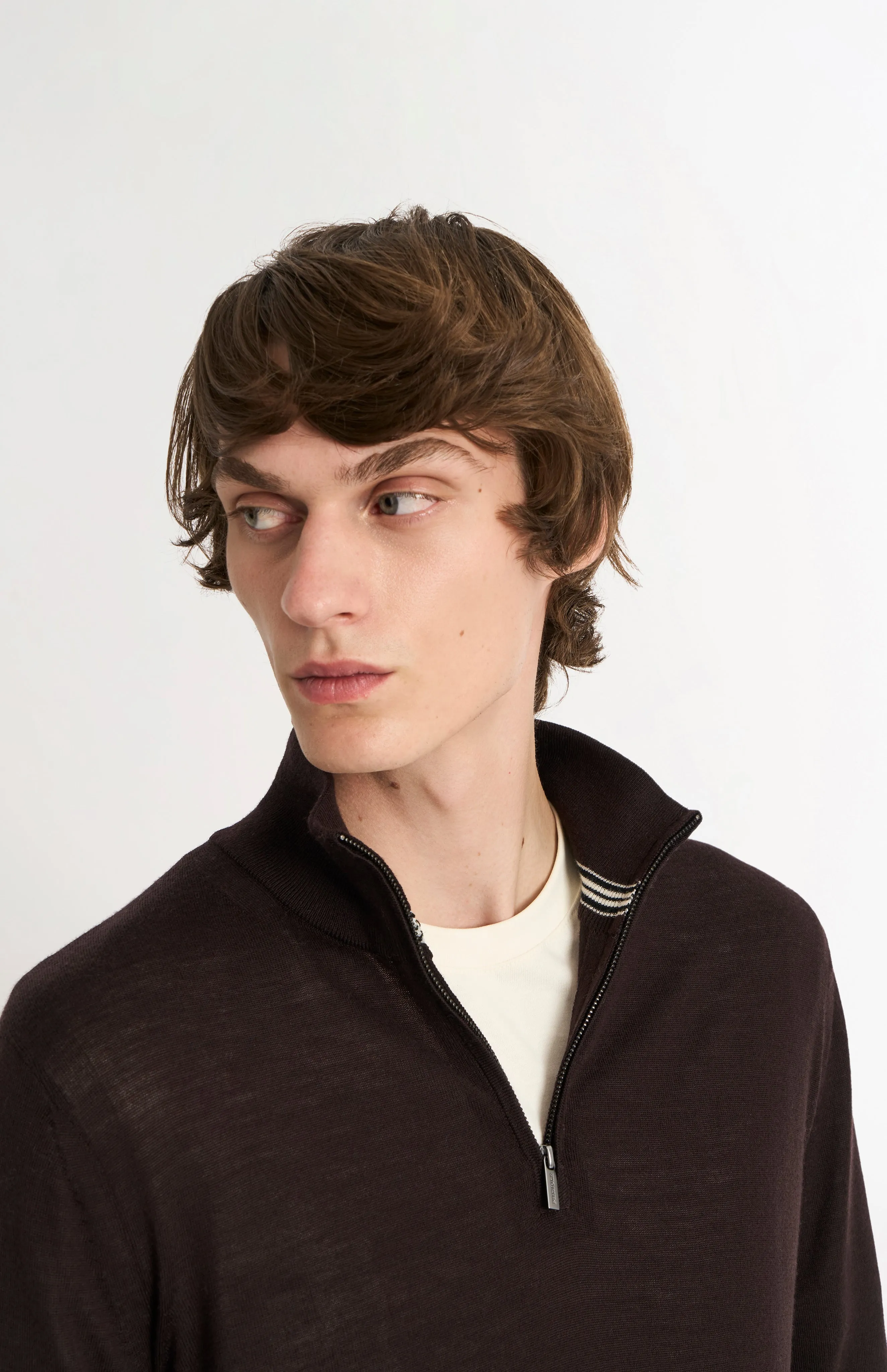 Men's Qtr Zip Extra Fine Merino Wool Jumper In Dark Brown sold by Pringle of Scotland product image thumbnail 4