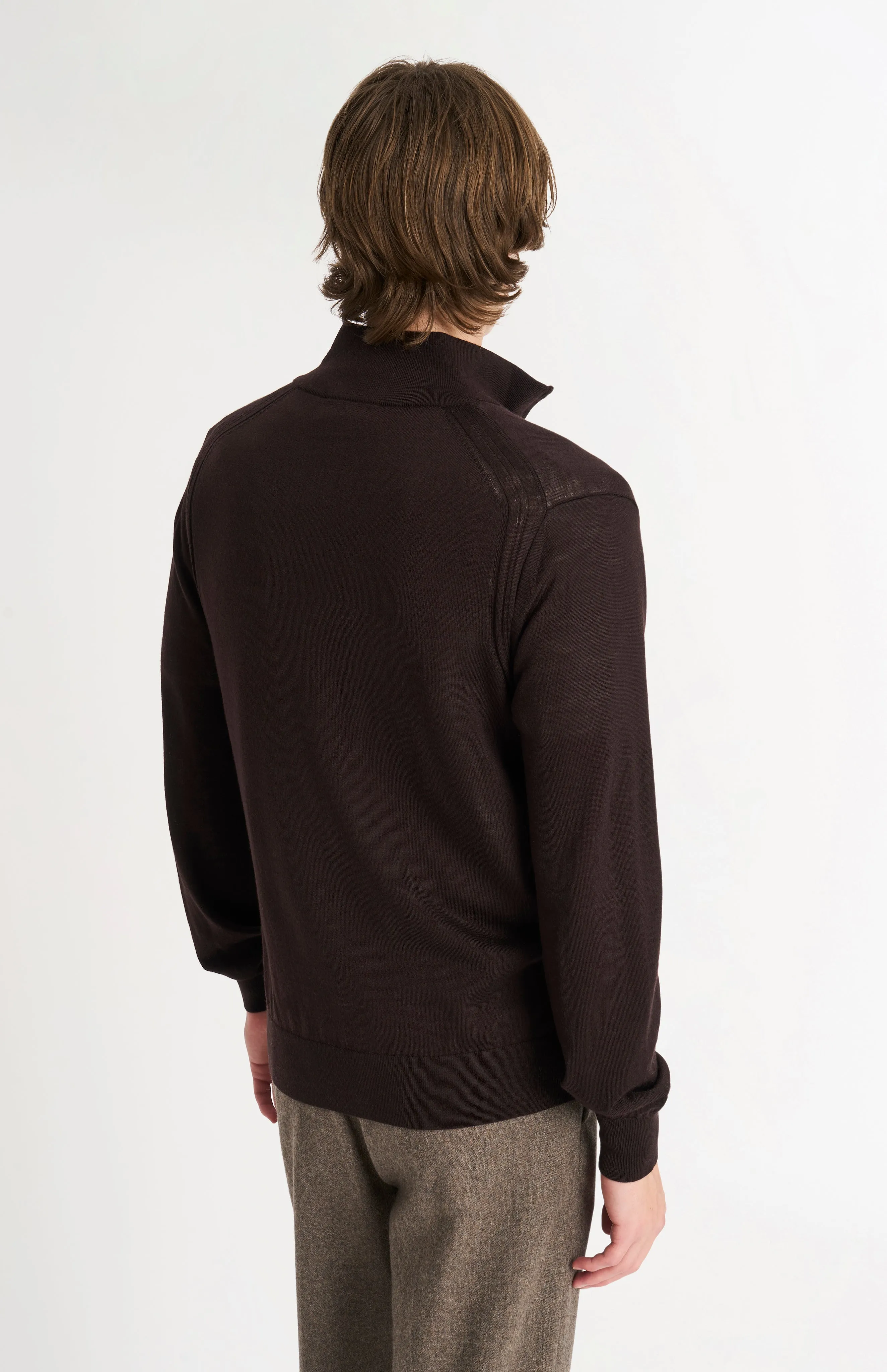 Men's Qtr Zip Extra Fine Merino Wool Jumper In Dark Brown sold by Pringle of Scotland product image thumbnail 5