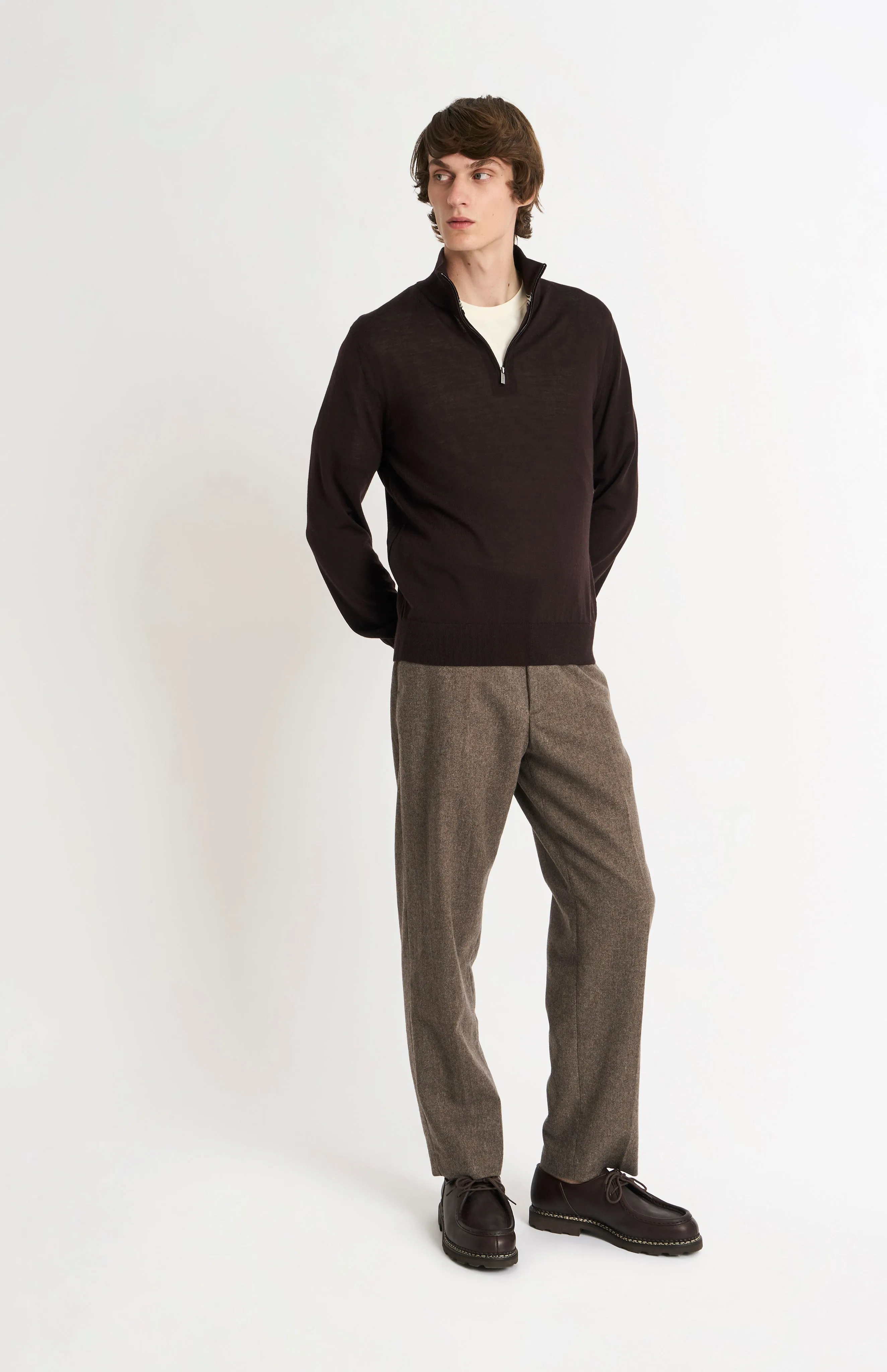 Men's Qtr Zip Extra Fine Merino Wool Jumper In Dark Brown sold by Pringle of Scotland product image thumbnail 3