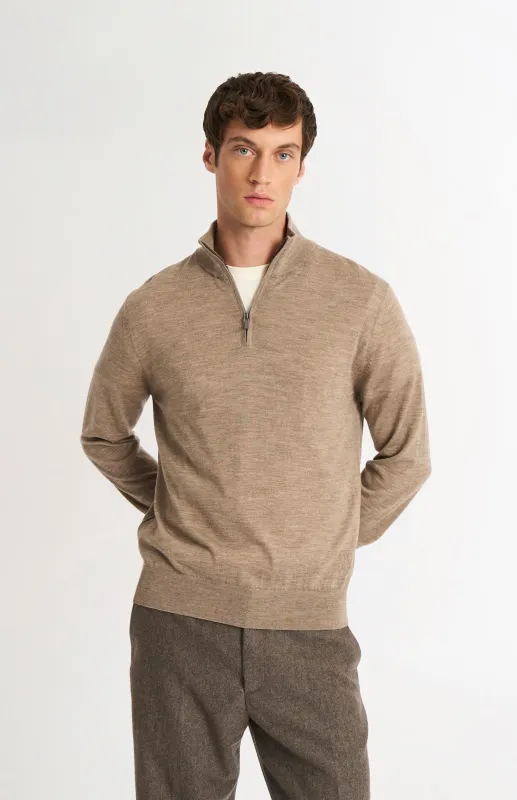 Men's Qtr Zip Extra Fine Merino Wool Jumper In Mushroom Melange sold by Pringle of Scotland