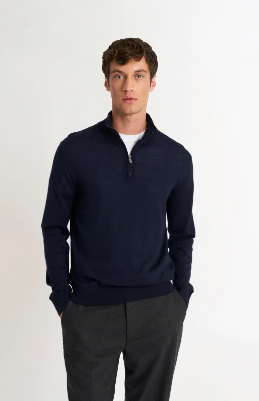 Men's Qtr Zip Extra Fine Merino Wool Jumper In Navy Blue made by Pringle
