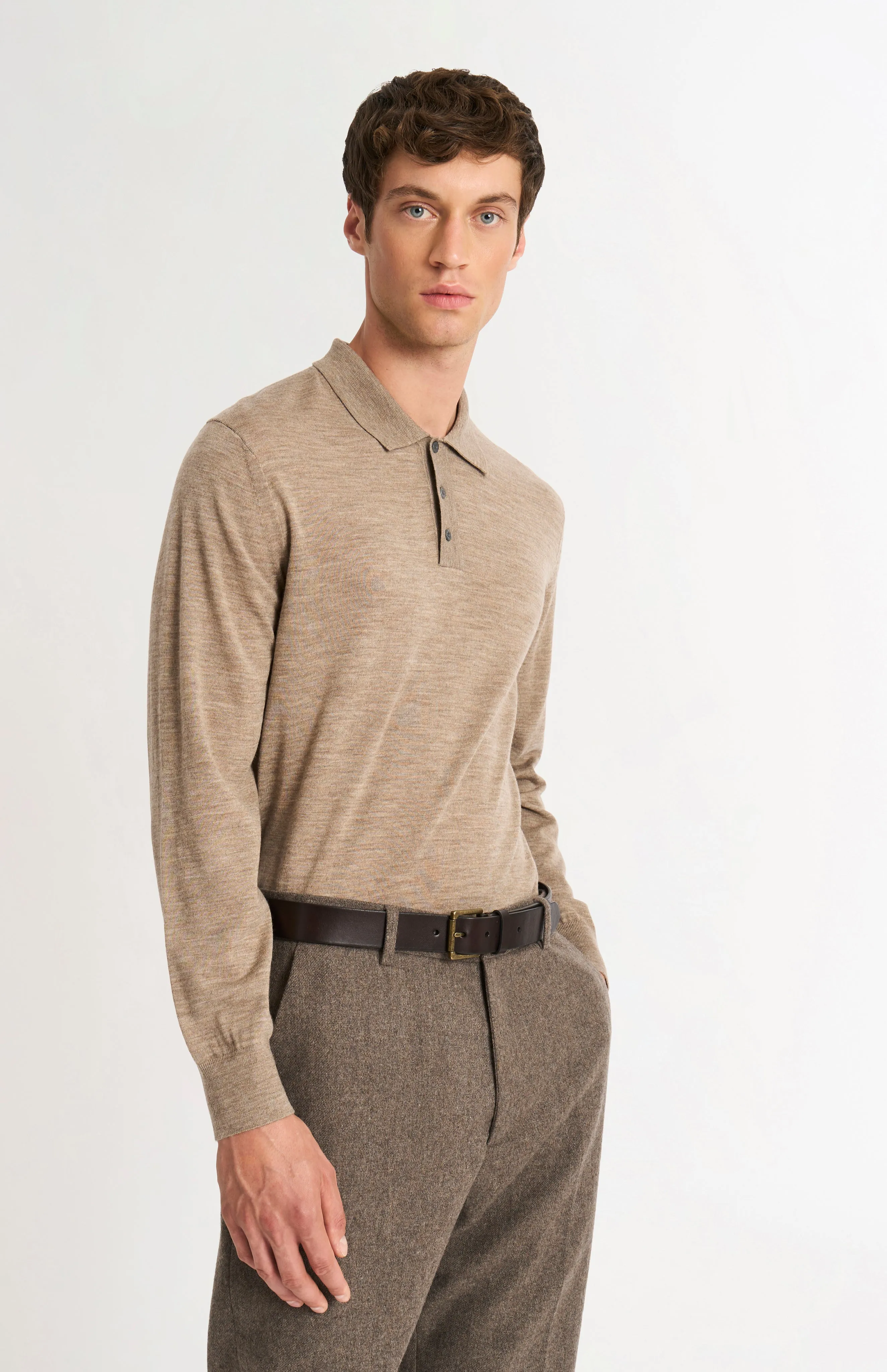 Men's Polo Shirt Extra Fine Merino Wool Jumper In Mushroom sold by Pringle of Scotland
