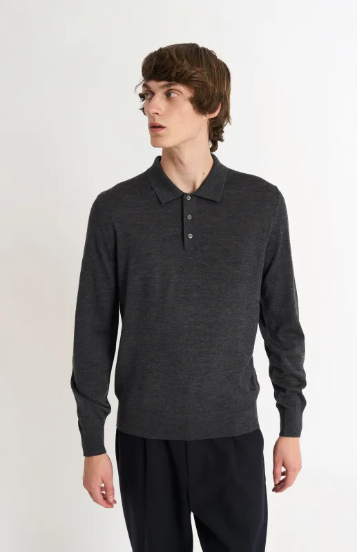 Men's Polo Shirt Extra Fine Merino Wool Jumper In Charcoal Melange made by Pringle