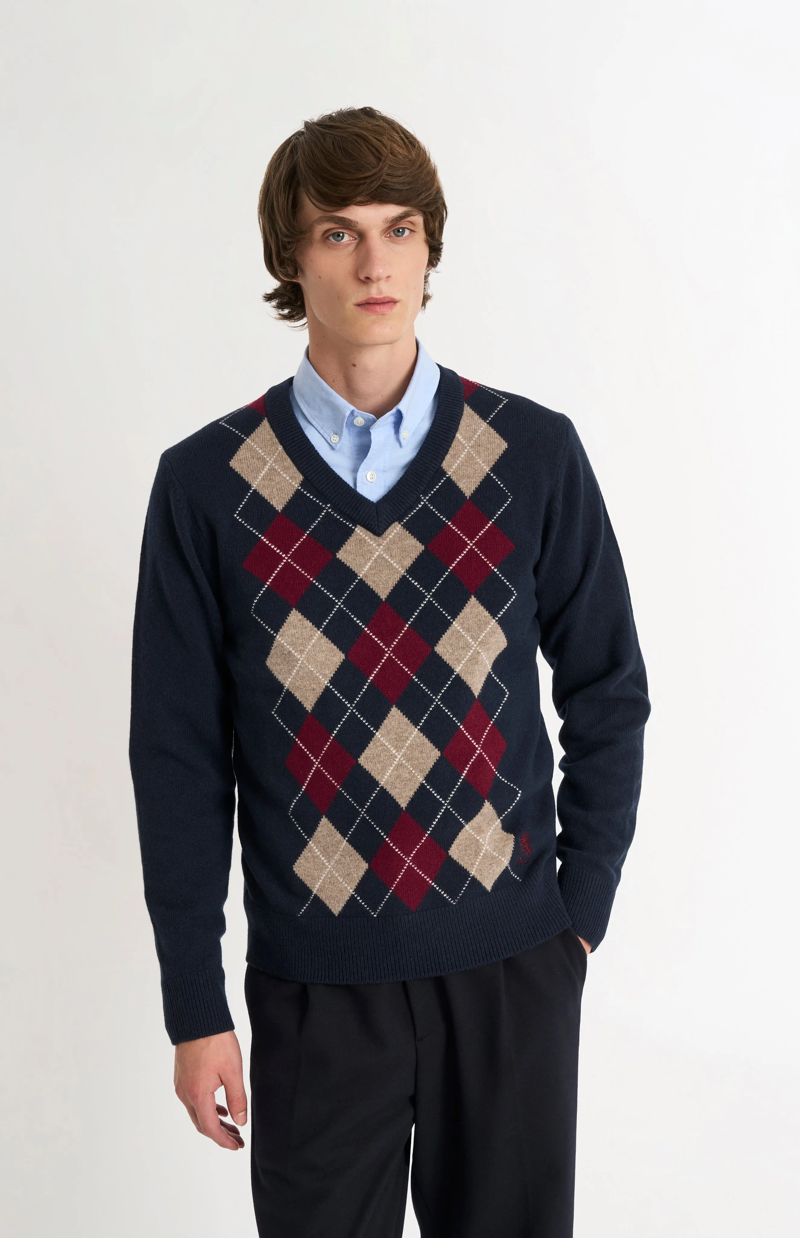 Men's Kessock V-neck Supersoft Lambswool Argyle Jumper In Navy / Mushroom / Burgundy sold by Pringle of Scotland product image thumbnail 3