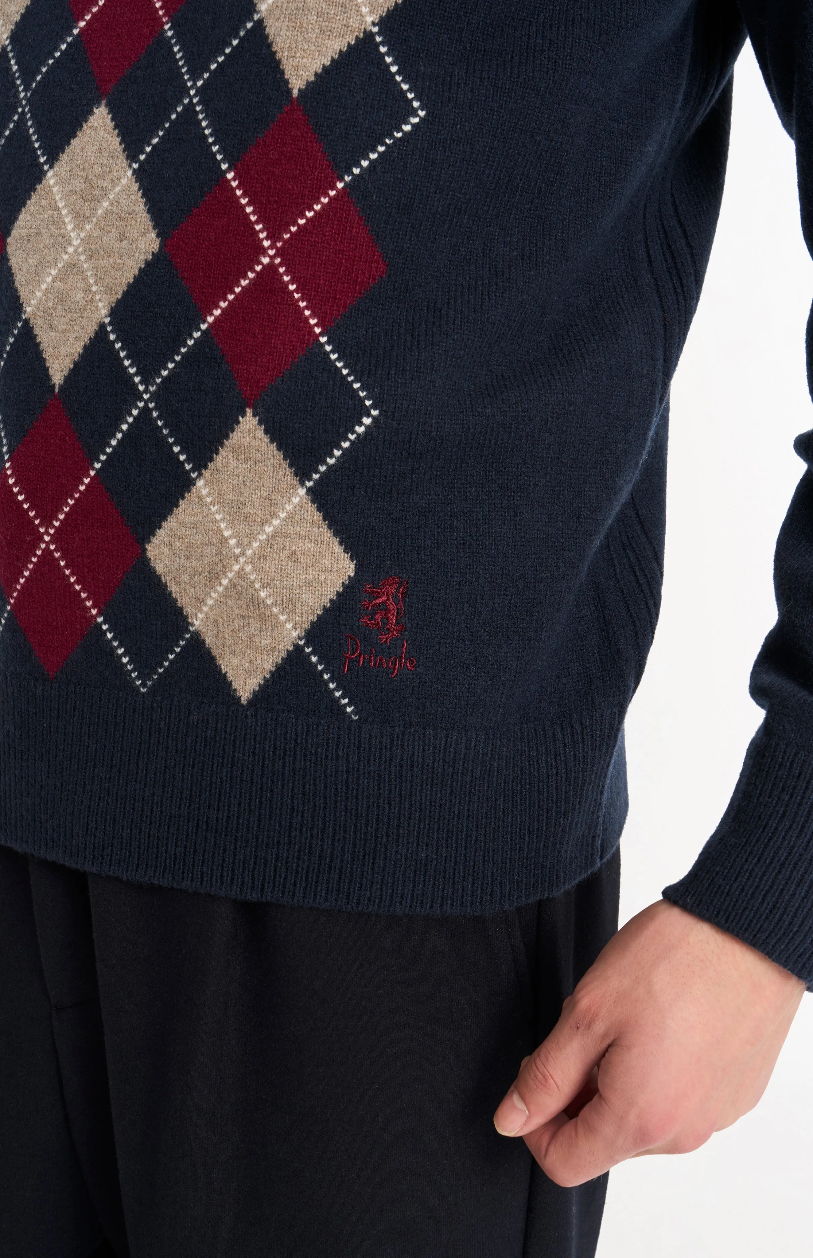 Men's Kessock V-neck Supersoft Lambswool Argyle Jumper In Navy / Mushroom / Burgundy sold by Pringle of Scotland product image thumbnail 4