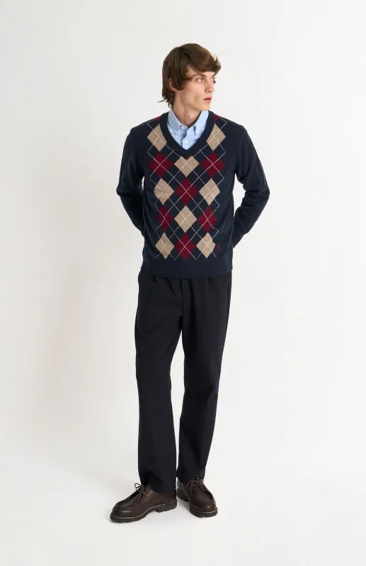 Men's Kessock  V-neck Supersoft Lambswool Argyle Jumper In Navy / Mushroom / Burgundy sold by Pringle of Scotland