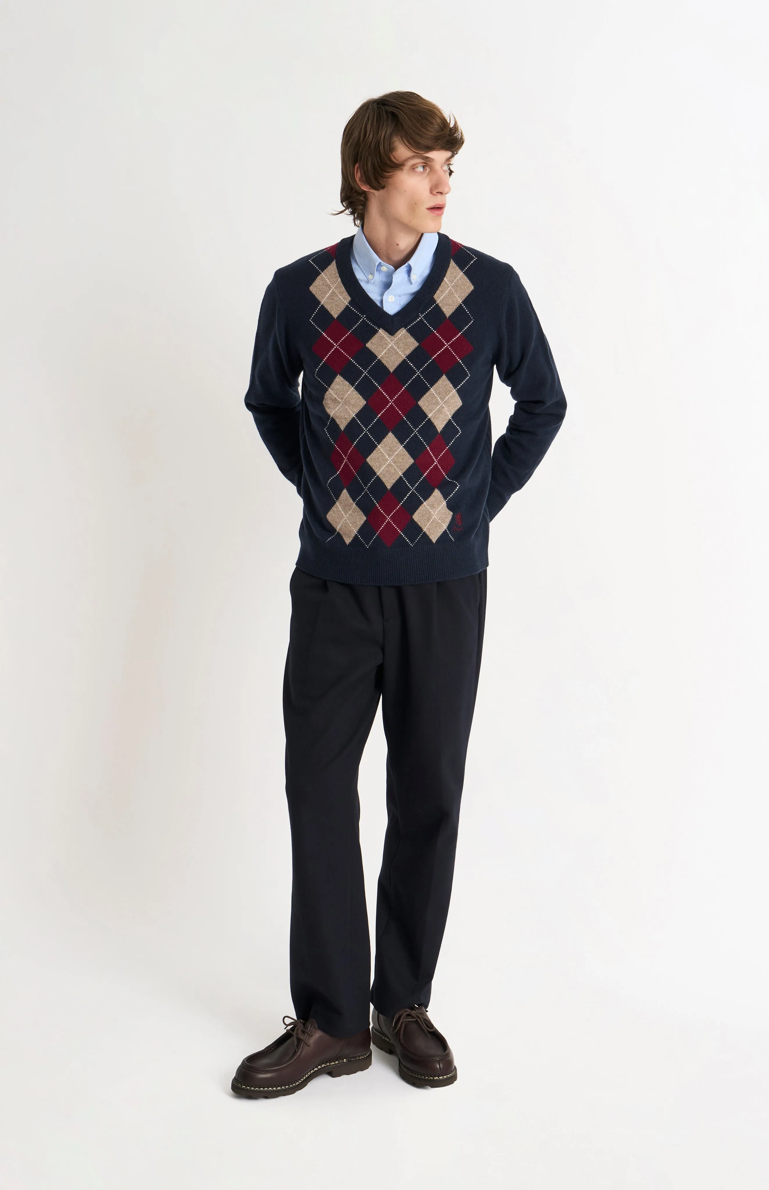 Men's Kessock V-neck Supersoft Lambswool Argyle Jumper In Navy / Mushroom / Burgundy sold by Pringle of Scotland
