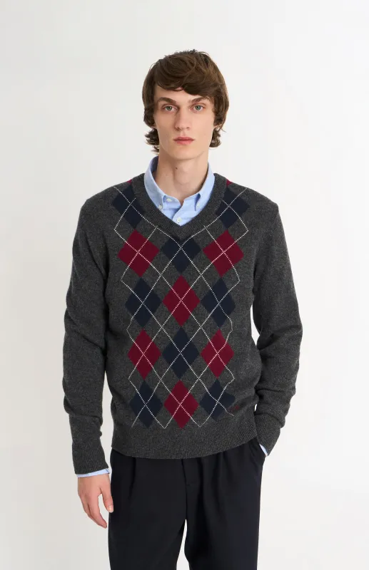 Men's Kessock  V-neck Supersoft Lambswool Argyle Jumper In Charcoal / Burgundy / Navy sold by Pringle of Scotland