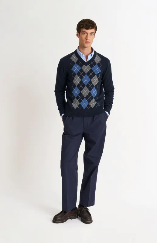 Men's Kessock  V-neck Supersoft Lambswool Argyle Jumper In Navy / Sea Blue / Grey Melange sold by Pringle of Scotland