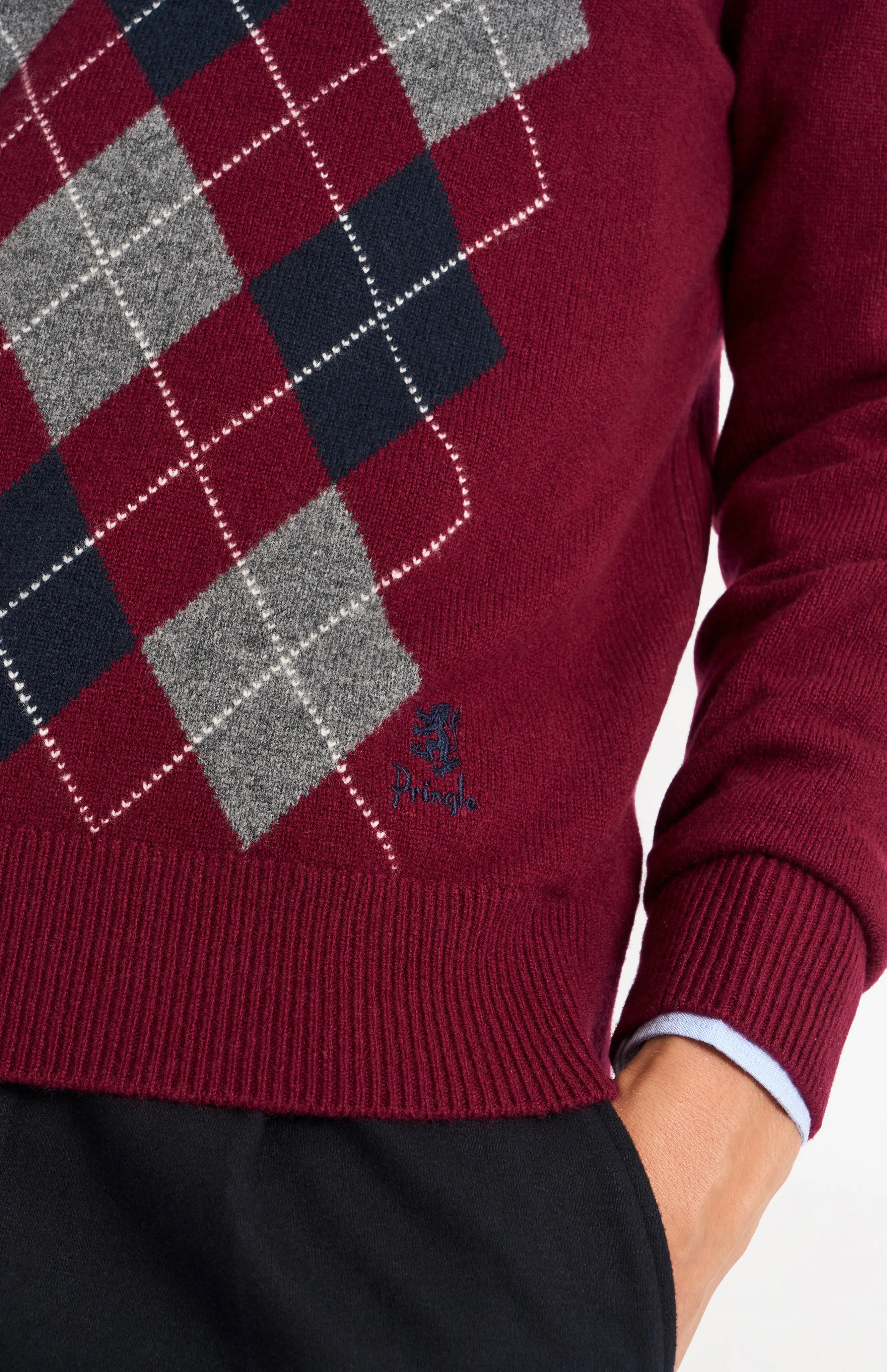 Men's Kessock V-neck Supersoft Lambswool Argyle Jumper In Burgundy/ Navy / Grey sold by Pringle of Scotland product image thumbnail 4