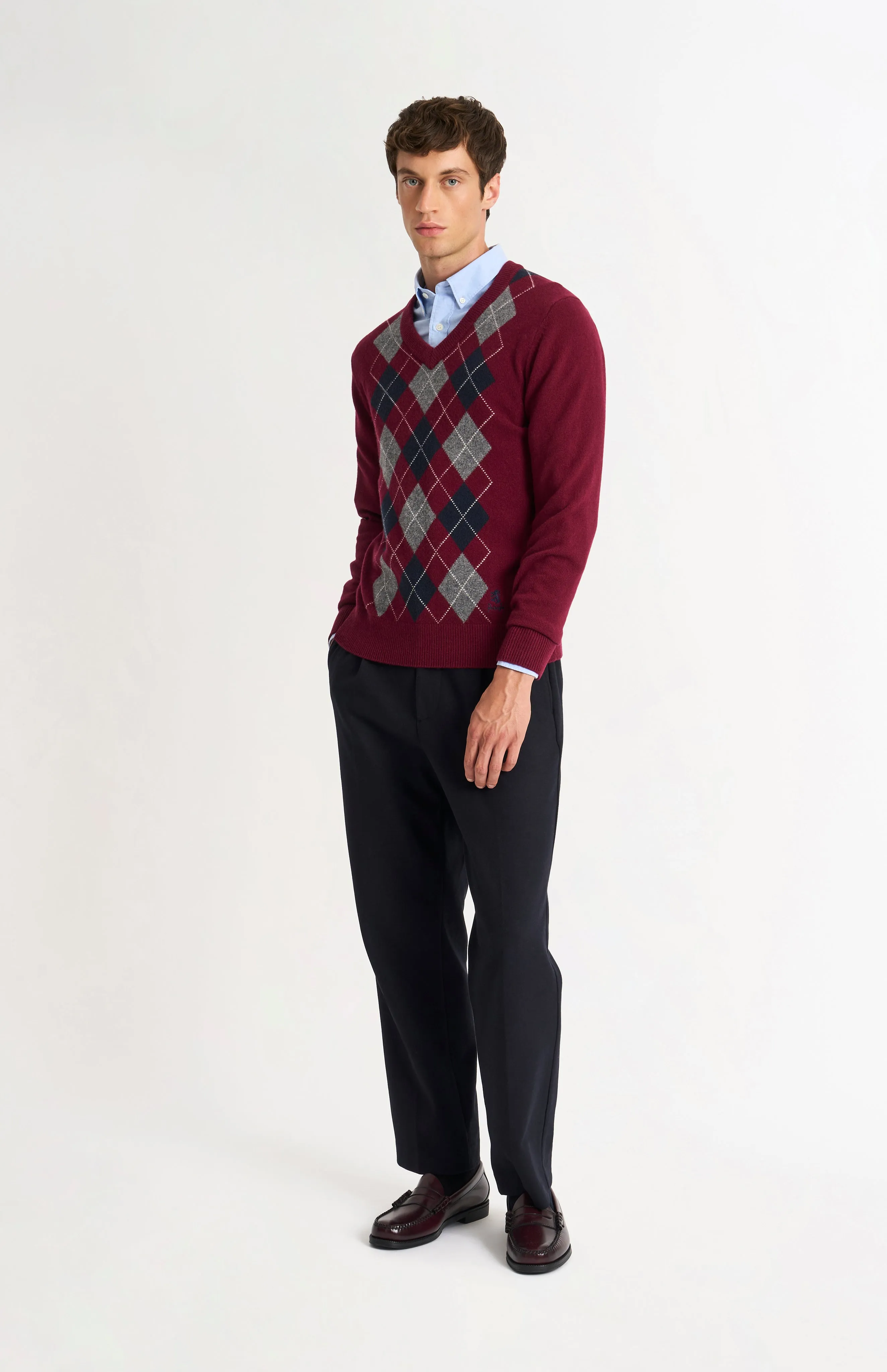 Men's Kessock V-neck Supersoft Lambswool Argyle Jumper In Burgundy/ Navy / Grey sold by Pringle of Scotland product image thumbnail 3