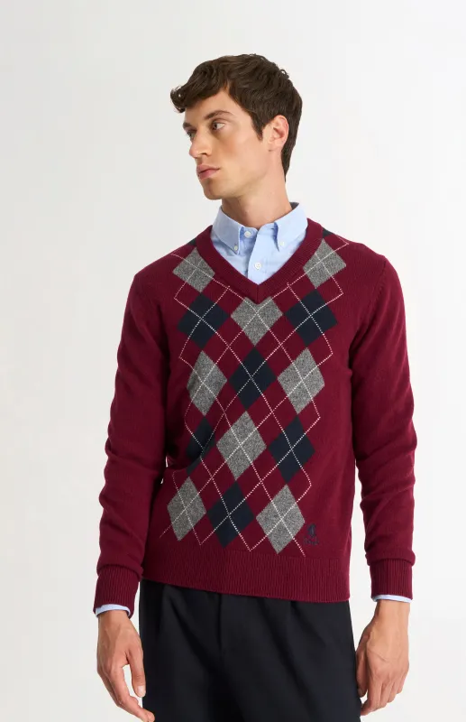 Men's Kessock  V-neck Supersoft Lambswool Argyle Jumper In Burgundy/ Navy / Grey sold by Pringle of Scotland