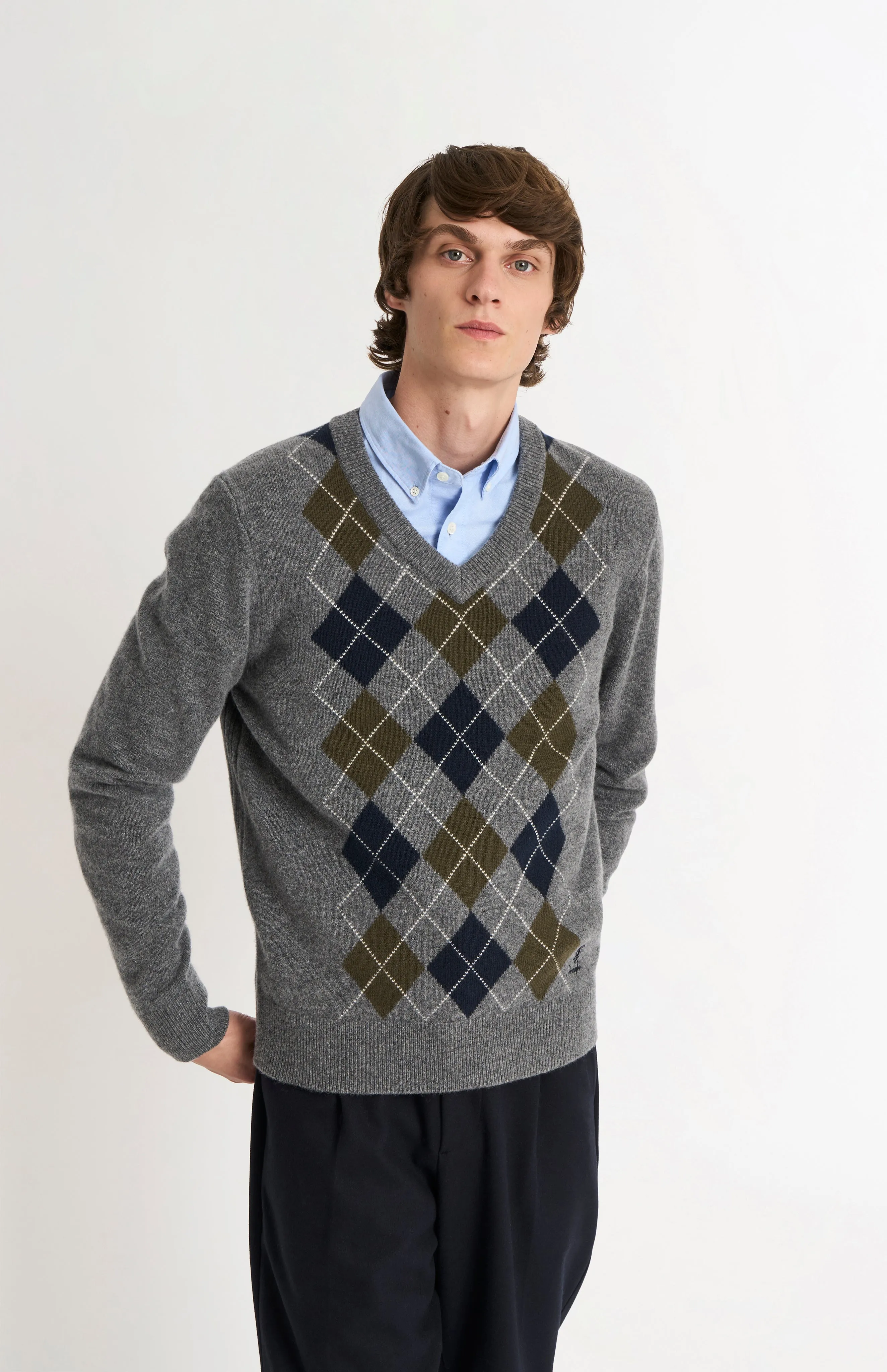 Men's Kessock V-neck Supersoft Lambswool Argyle Jumper In Grey / Olive / Navy sold by Pringle of Scotland product image thumbnail 2