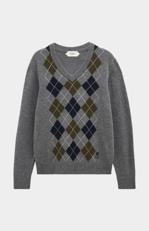 Men's Kessock  V-neck Supersoft Lambswool Argyle Jumper In Grey / Olive / Navy sold by Pringle of Scotland
