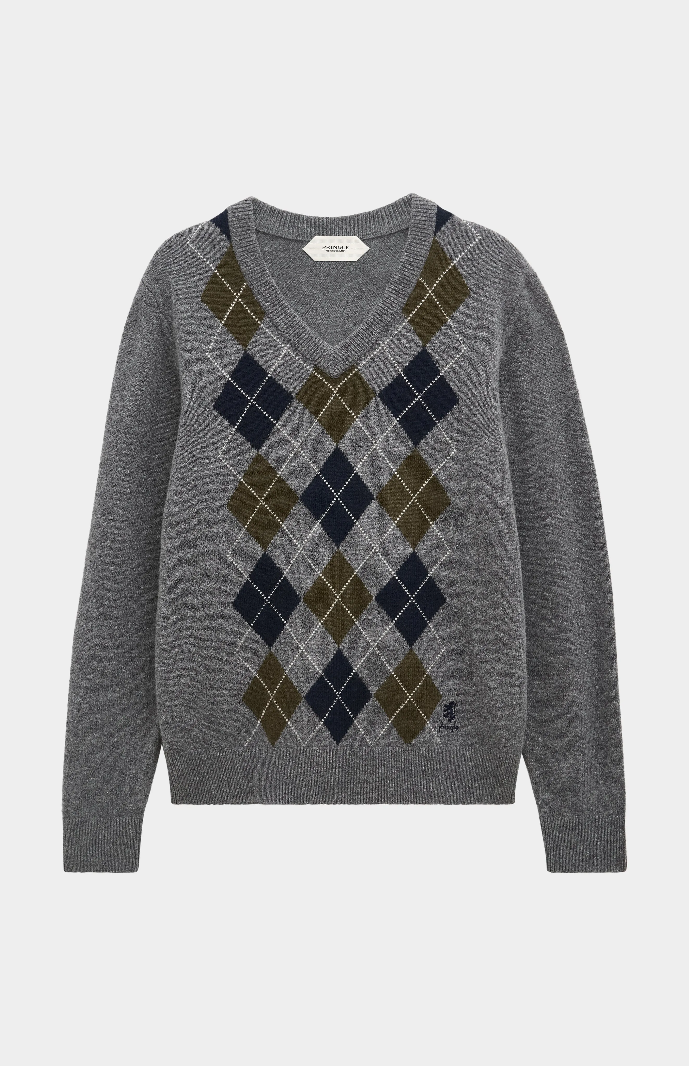 Men's Kessock V-neck Supersoft Lambswool Argyle Jumper In Grey / Olive / Navy sold by Pringle of Scotland