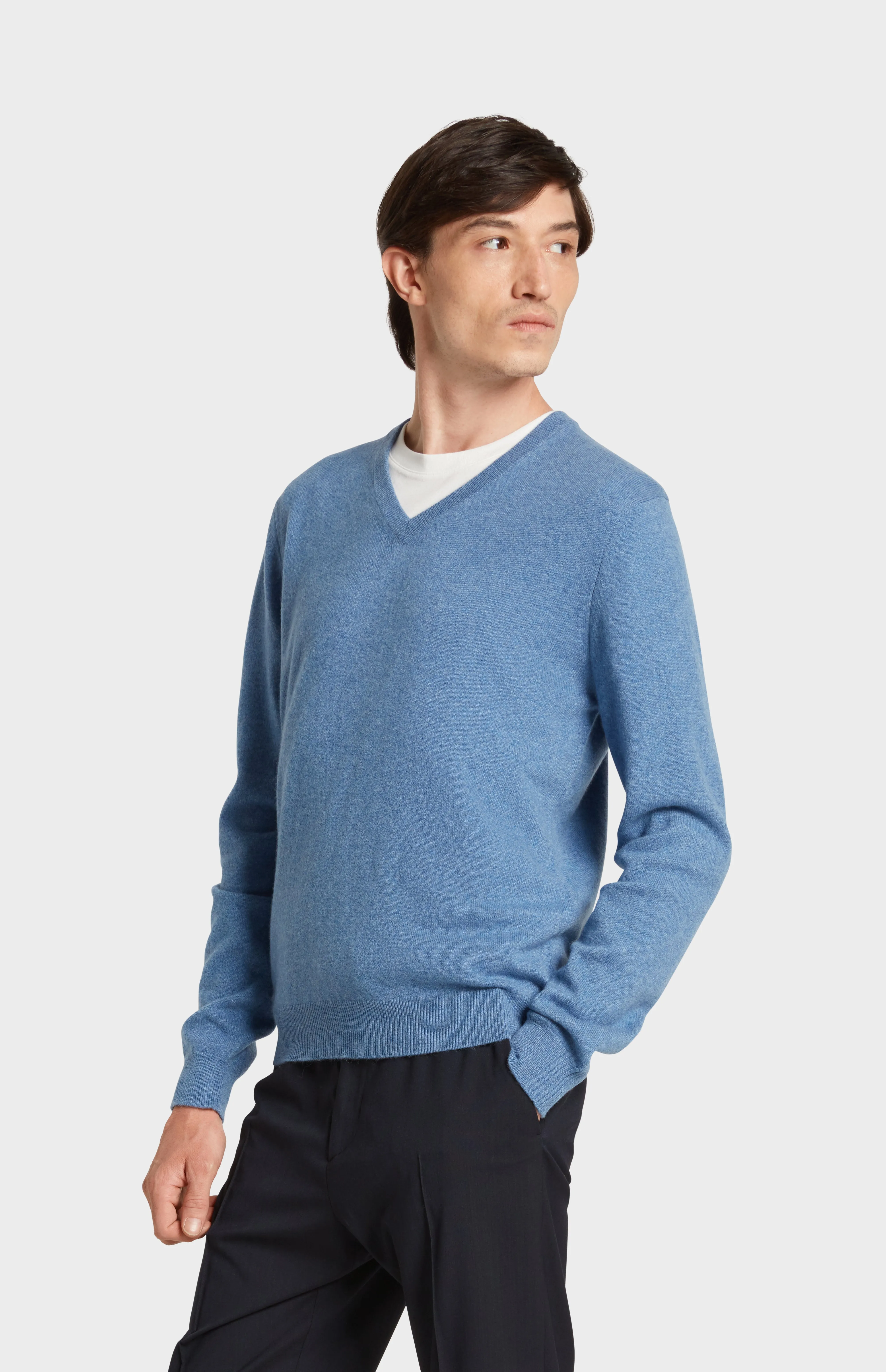 Men's Classic V Neck Cashmere Jumper In Blue Melange sold by Pringle of Scotland