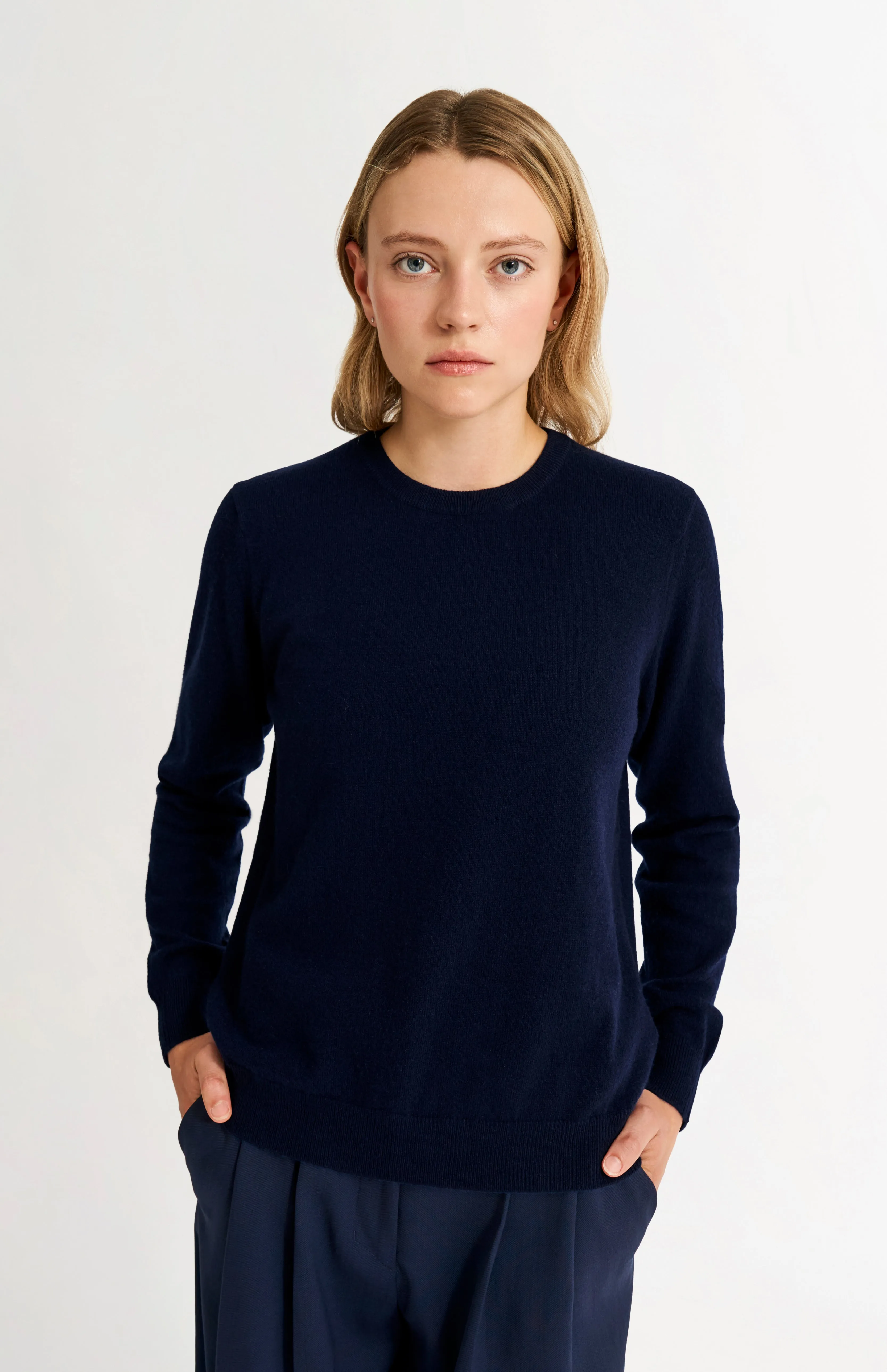 Womens Classic Round Neck Cashmere Jumper In Navy Melange sold by Pringle of Scotland