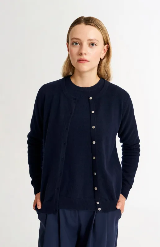 Womens Classic Round Neck Cashmere Cardigan In Navy Melange sold by Pringle of Scotland