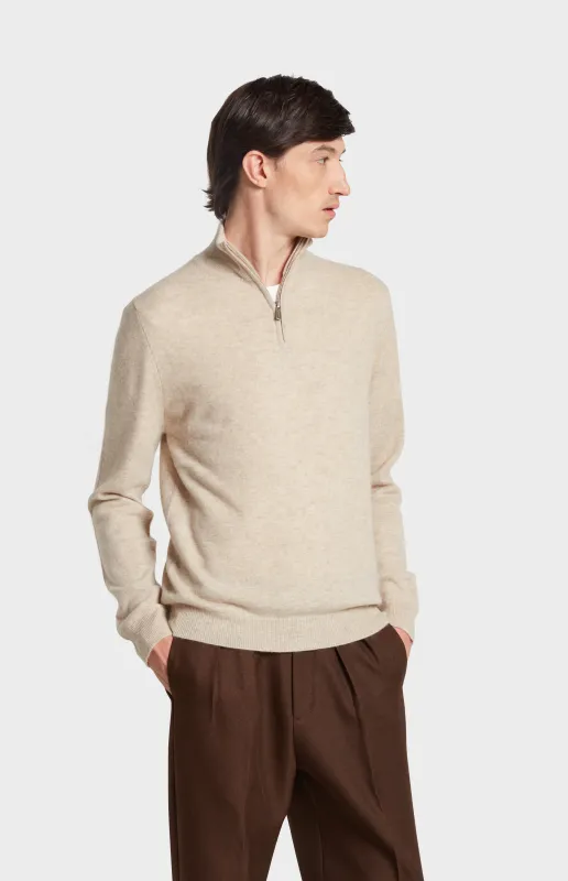 Men's Qtr Zip Cashmere Classic Jumper In Oatmeal made by Pringle