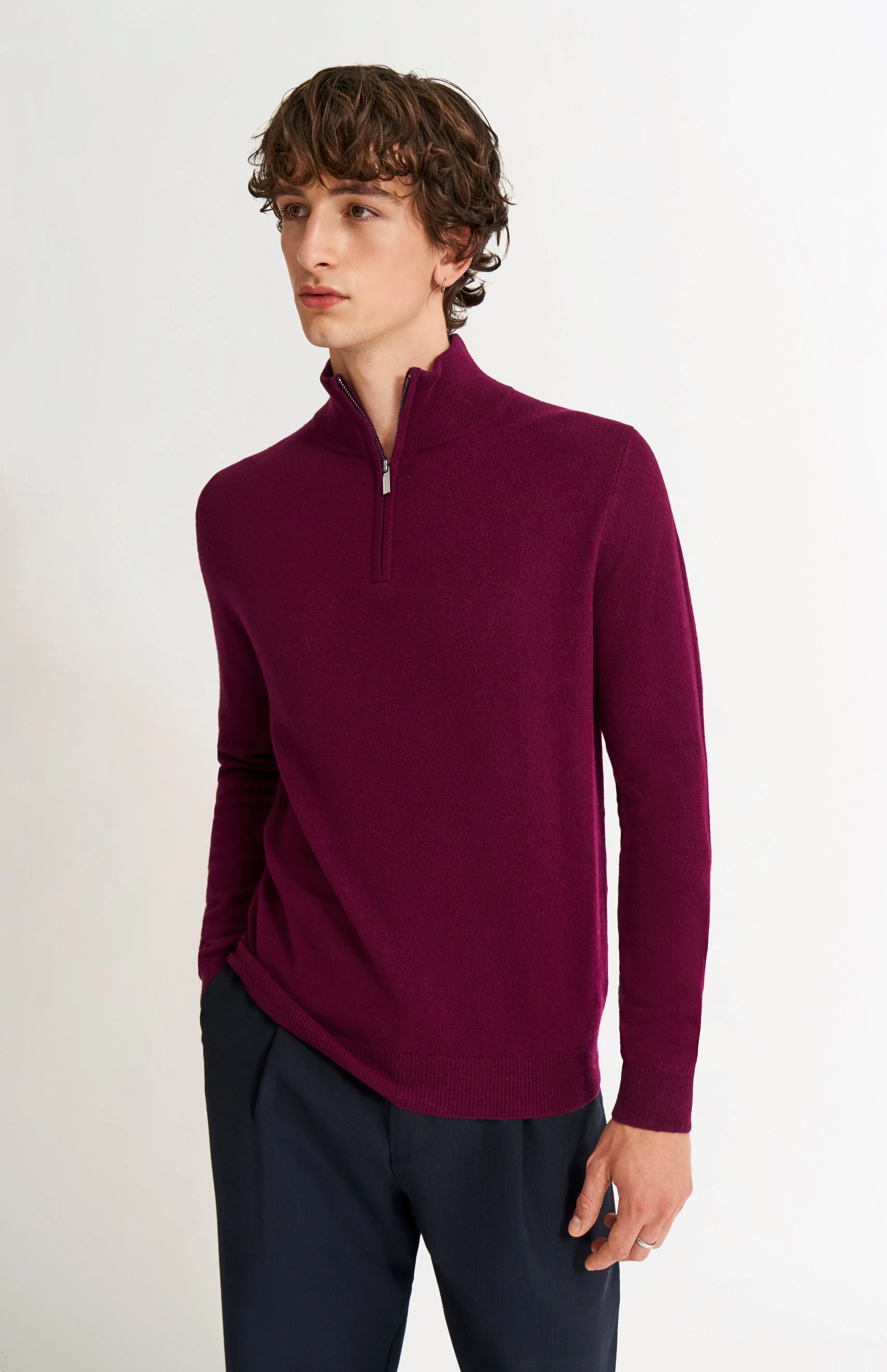 Men's Qtr Zip Cashmere Classic Jumper In Burgundy sold by Pringle of Scotland