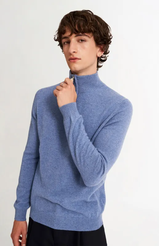 Men's Qtr Zip Cashmere Classic Jumper In Blue Melange made by Pringle