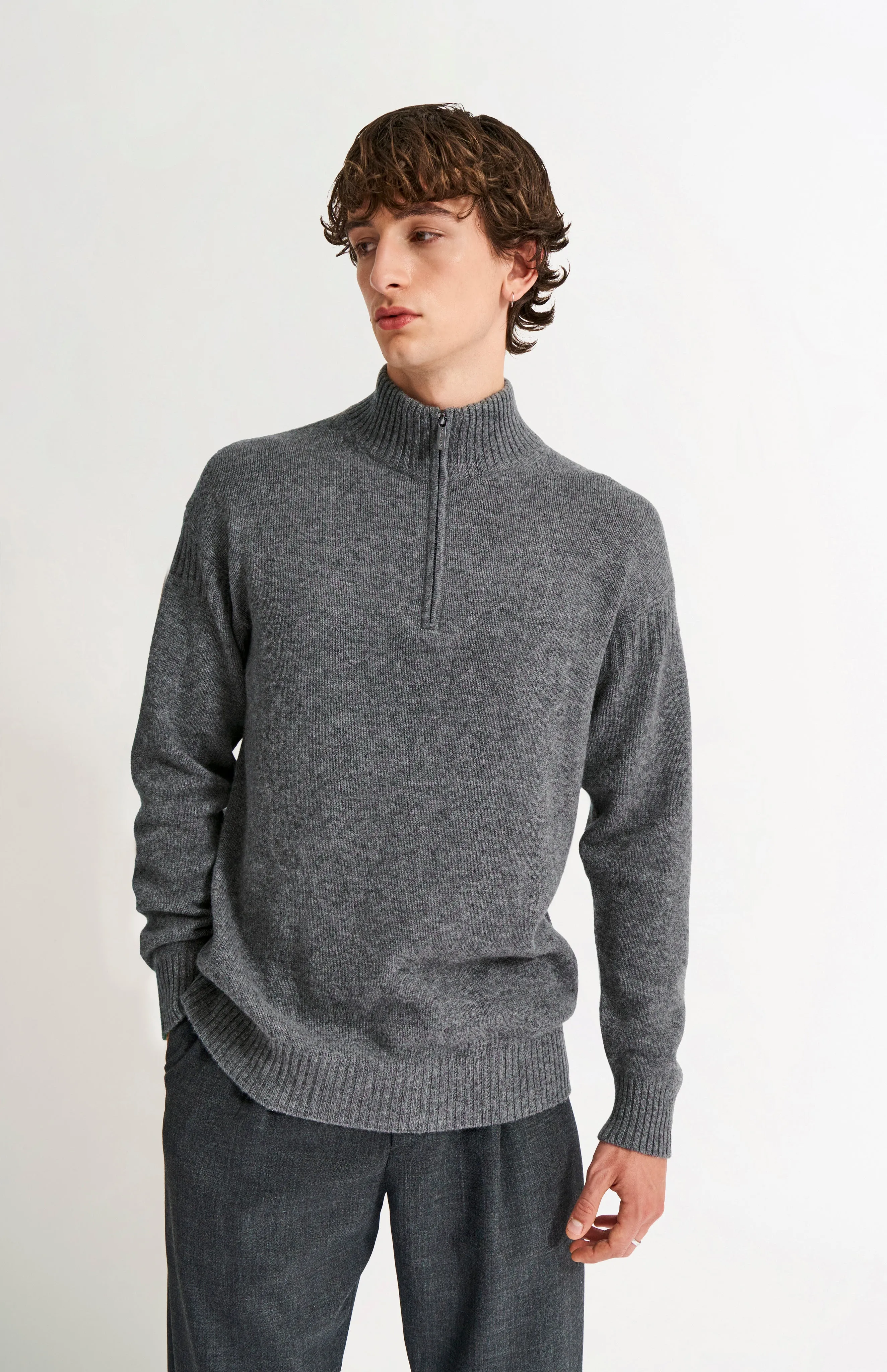 Men's Zip Neck Cashmere Jumper In Grey Melange sold by Pringle of Scotland