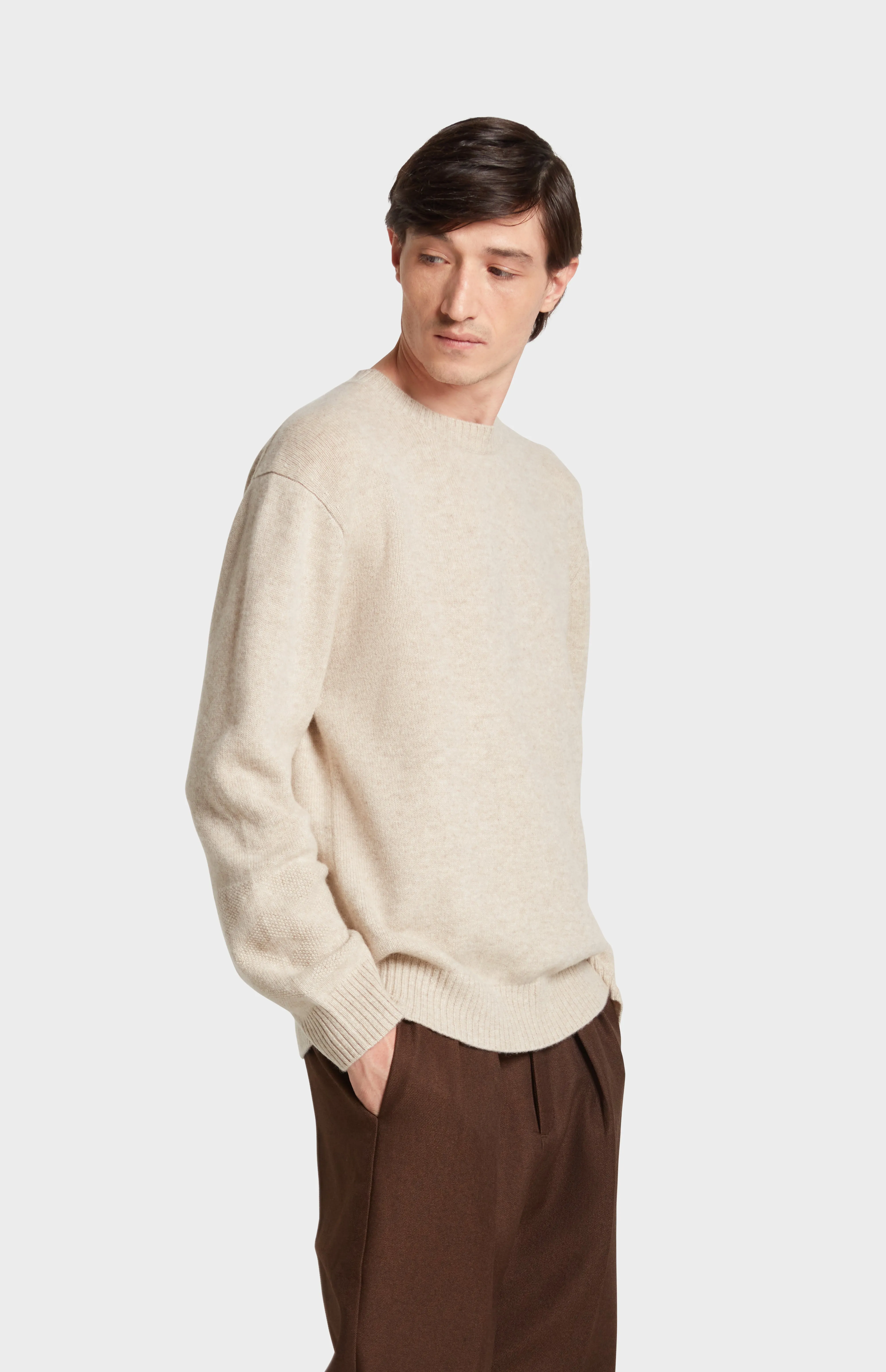 Men's Round Neck Cashmere Jumper In Oatmeal sold by Pringle of Scotland