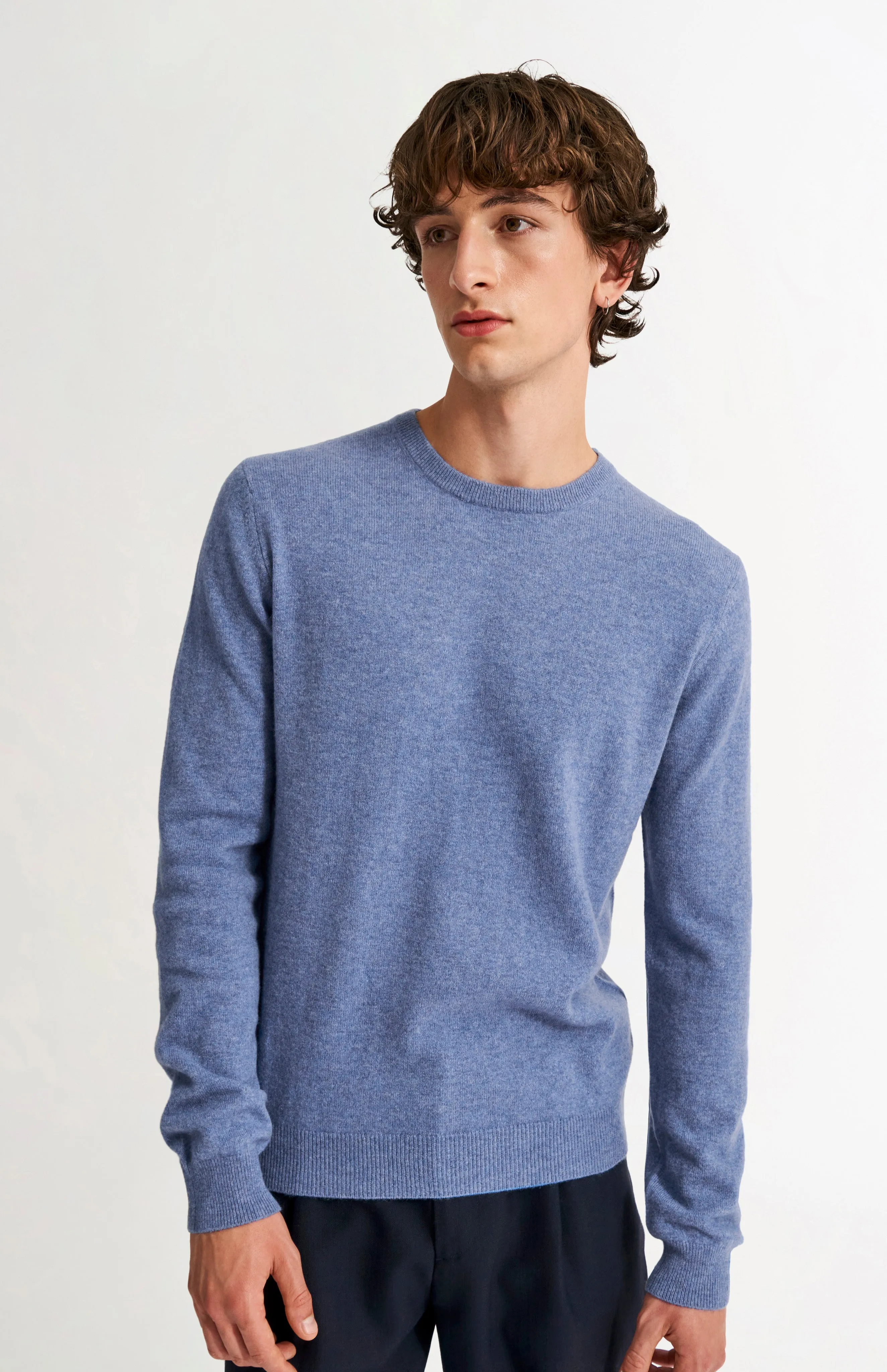 Men's Classic Round Neck Cashmere Jumper In Bue Melange sold by Pringle of Scotland