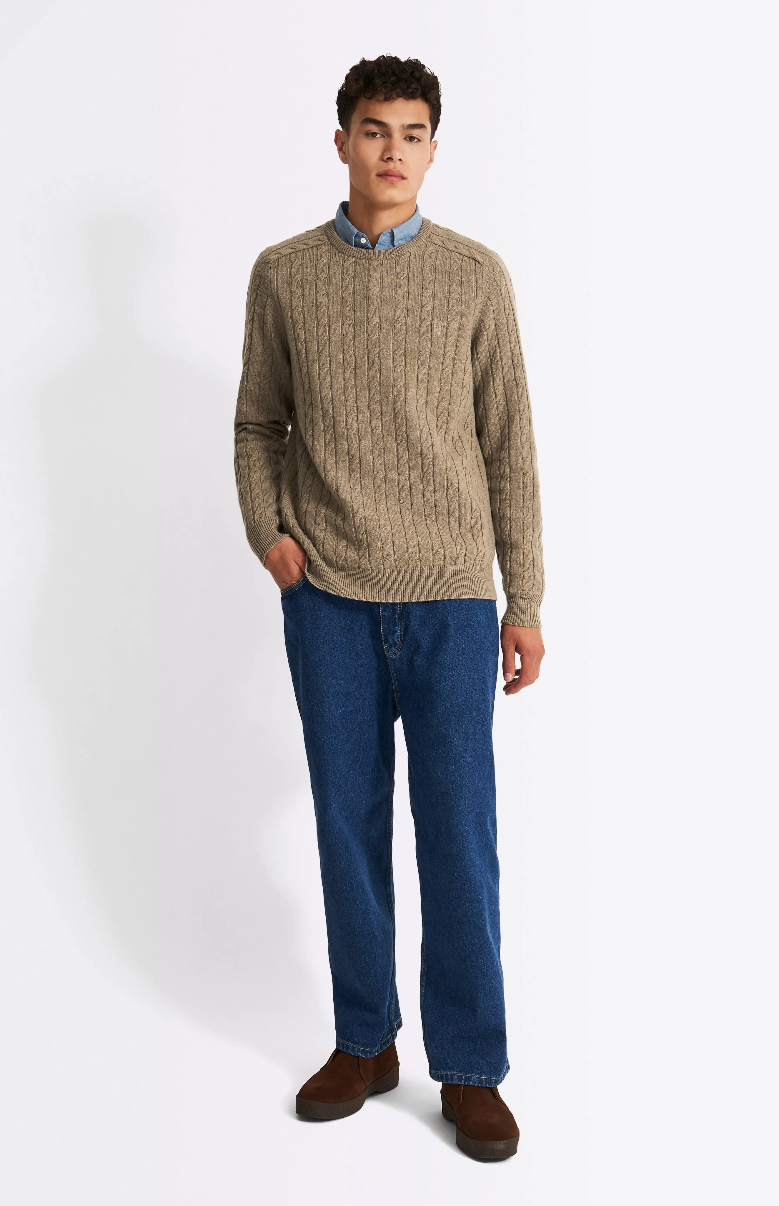 Round Neck Cable Knit Lambswool Jumper In Dark Natural sold by Pringle of Scotland product image thumbnail 3