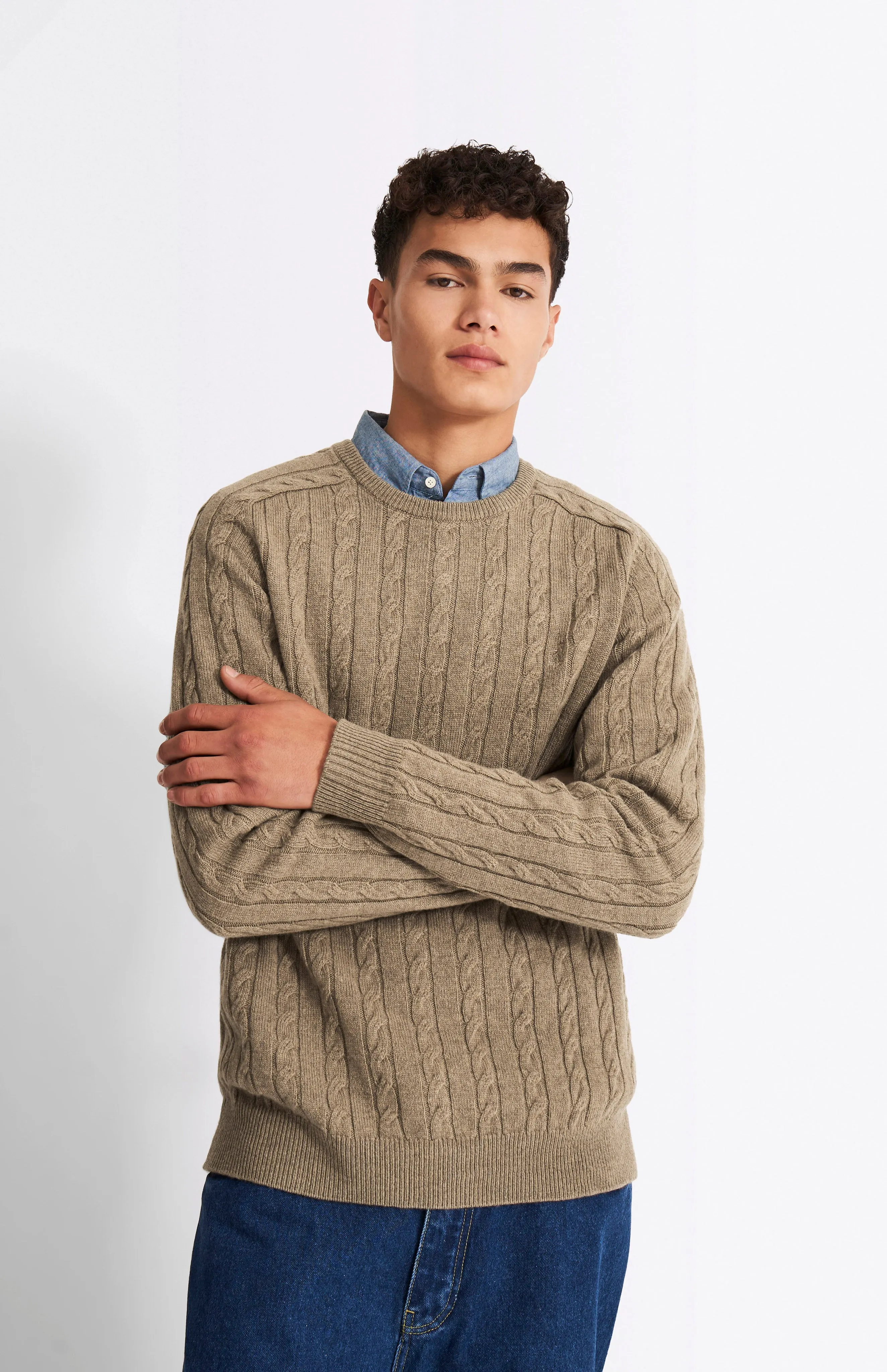 Round Neck Cable Knit Lambswool Jumper In Dark Natural sold by Pringle of Scotland product image thumbnail 2