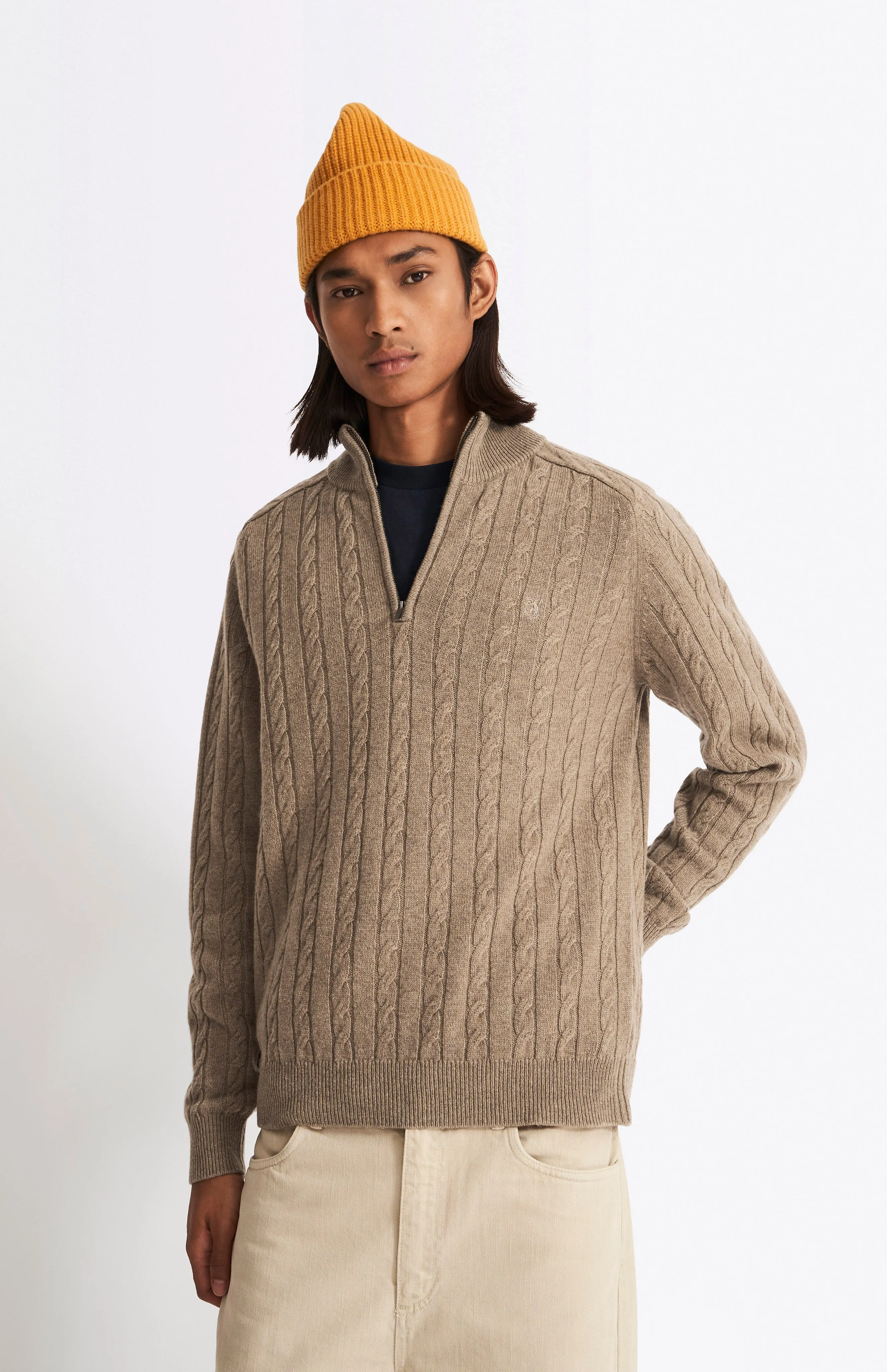 Quarter Zip Lambswool Cable Knit Jumper In Dark Natural sold by Pringle of Scotland