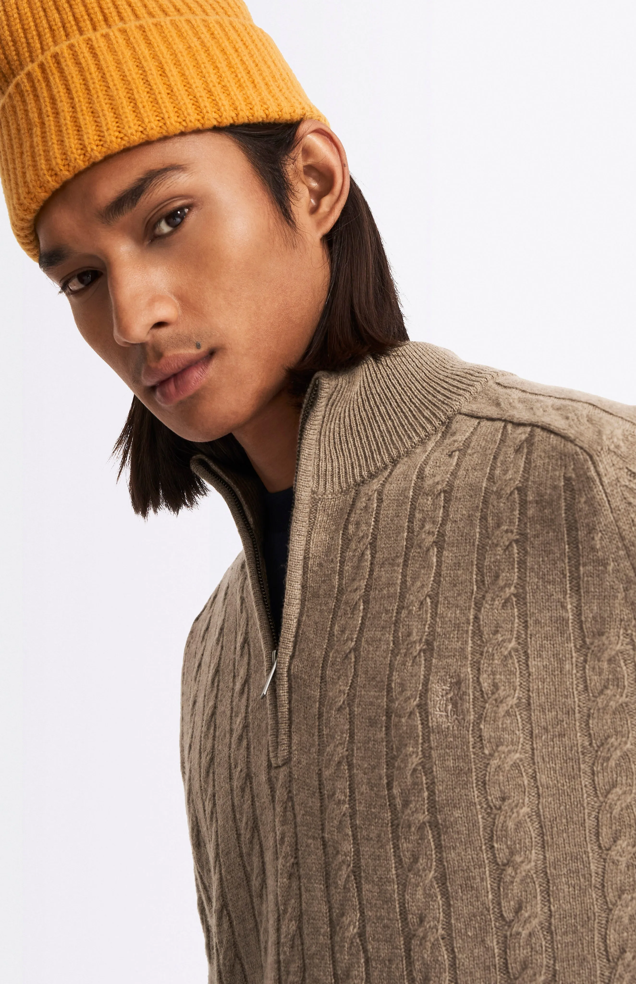 Quarter Zip Lambswool Cable Knit Jumper In Dark Natural sold by Pringle of Scotland product image thumbnail 3