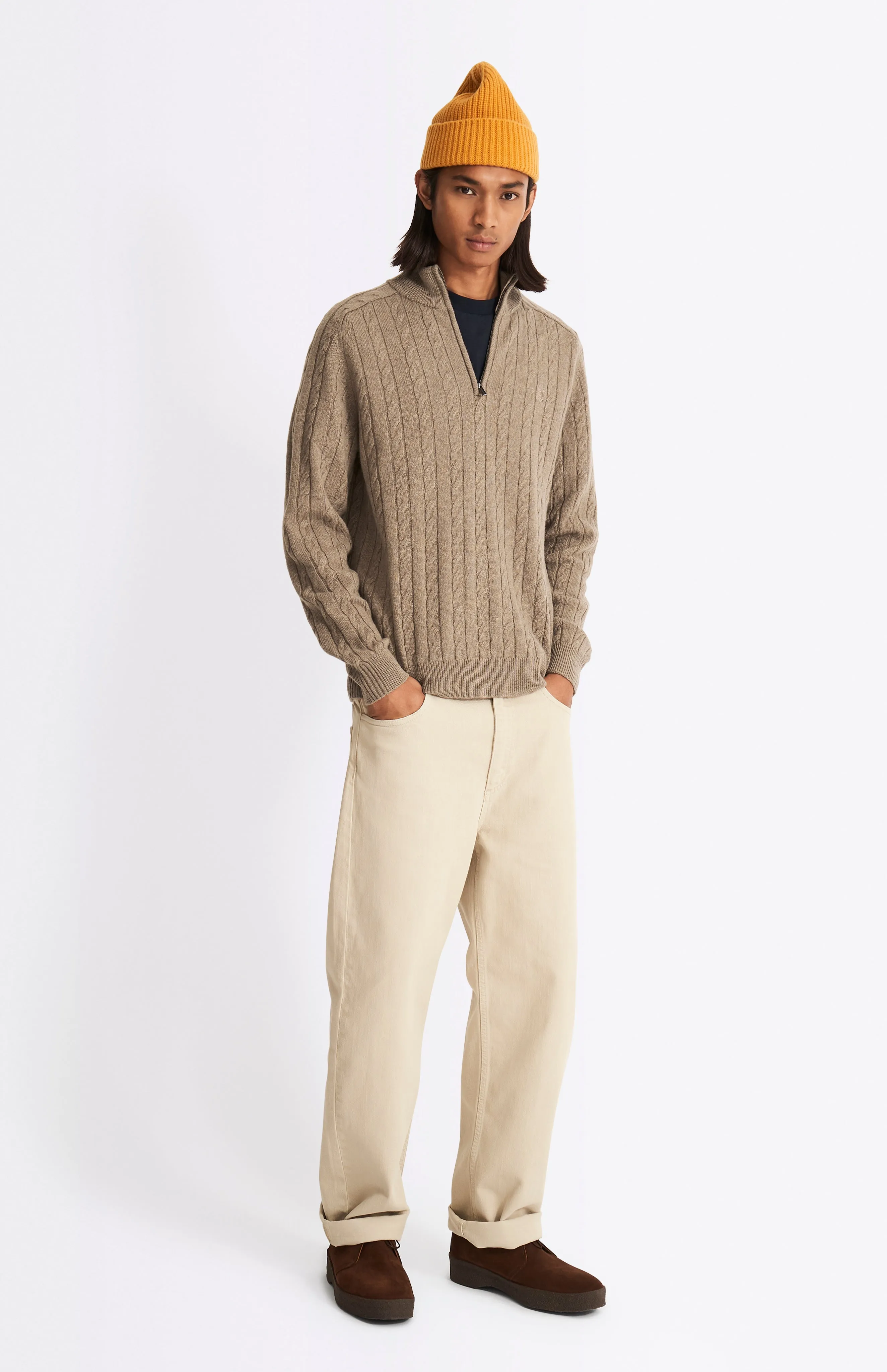 Quarter Zip Lambswool Cable Knit Jumper In Dark Natural sold by Pringle of Scotland product image thumbnail 2
