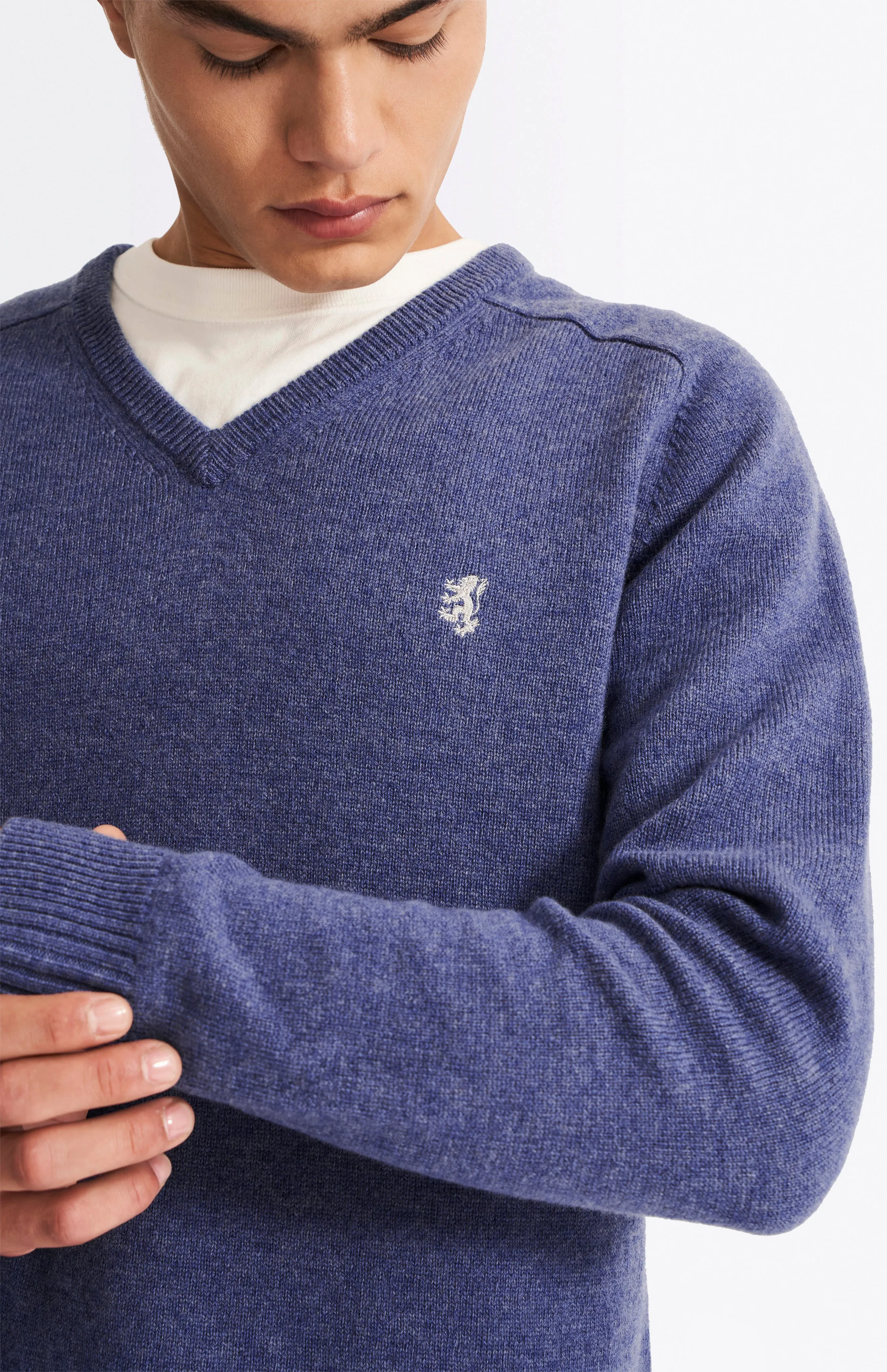 V Neck Lambswool Jumper In Dark Indigo With Contrast Tipping sold by Pringle of Scotland