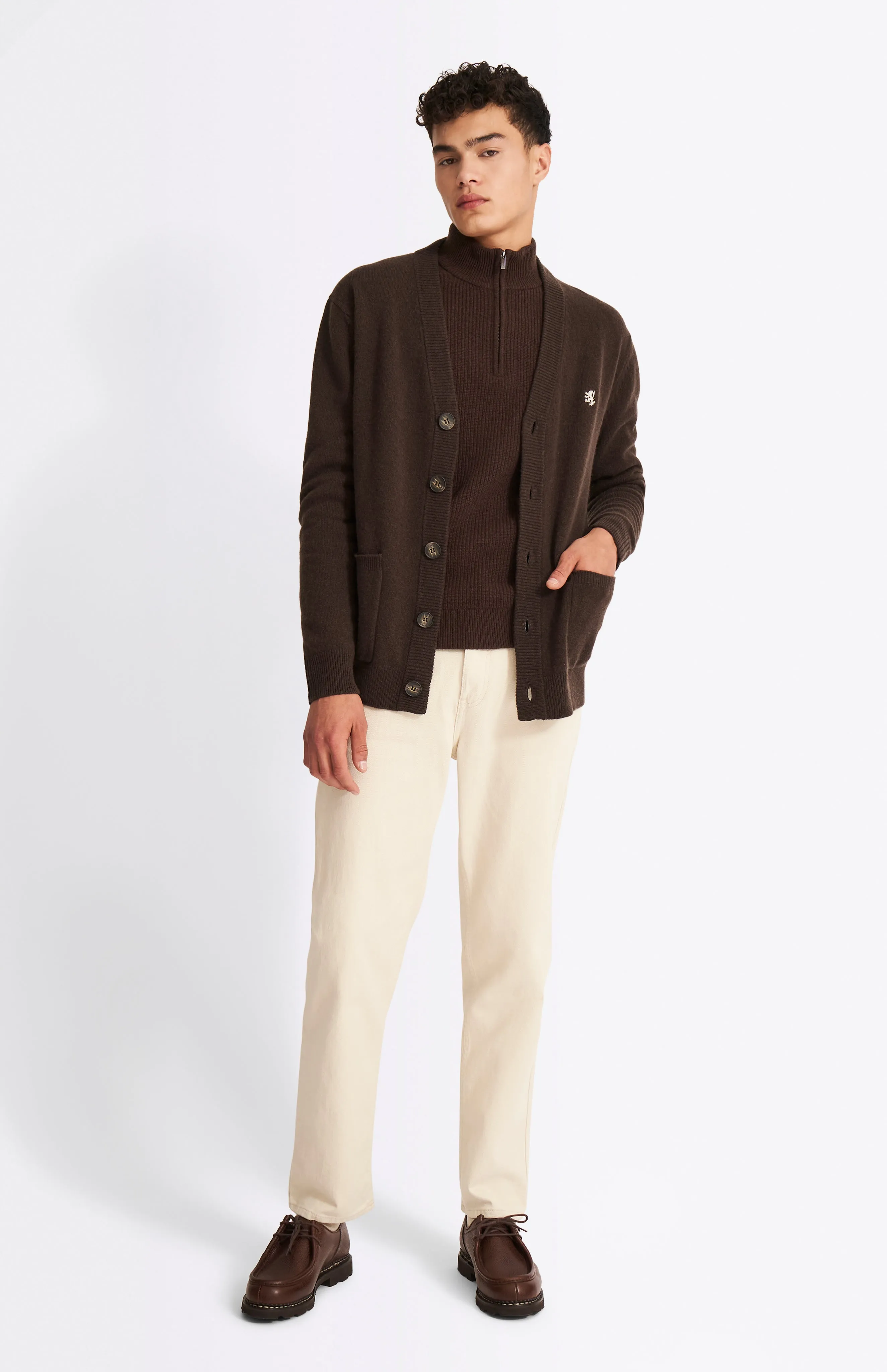 V Neck Lambswool Cardigan In Dark Umber sold by Pringle of Scotland