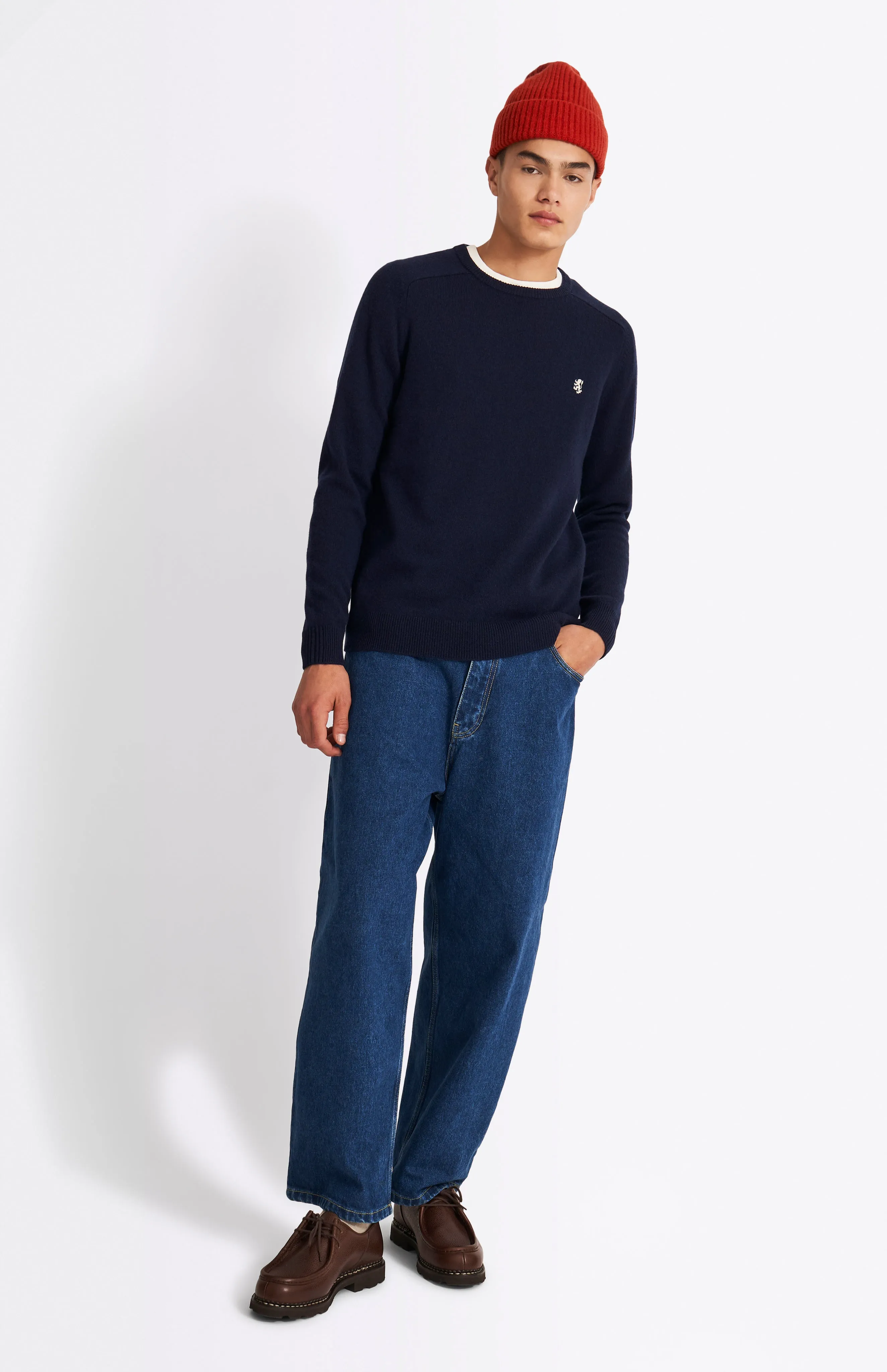 Round Neck Lambswool Contrast Jumper In Midnight sold by Pringle of Scotland