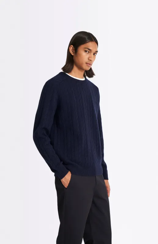 Round Neck Cable Knit Lambswool Jumper In Midnight sold by Pringle of Scotland