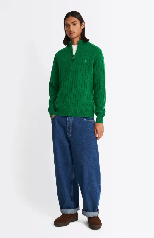 Quarter Zip Lambswool  Cable Knit Jumper In Dark Pine made by Pringle