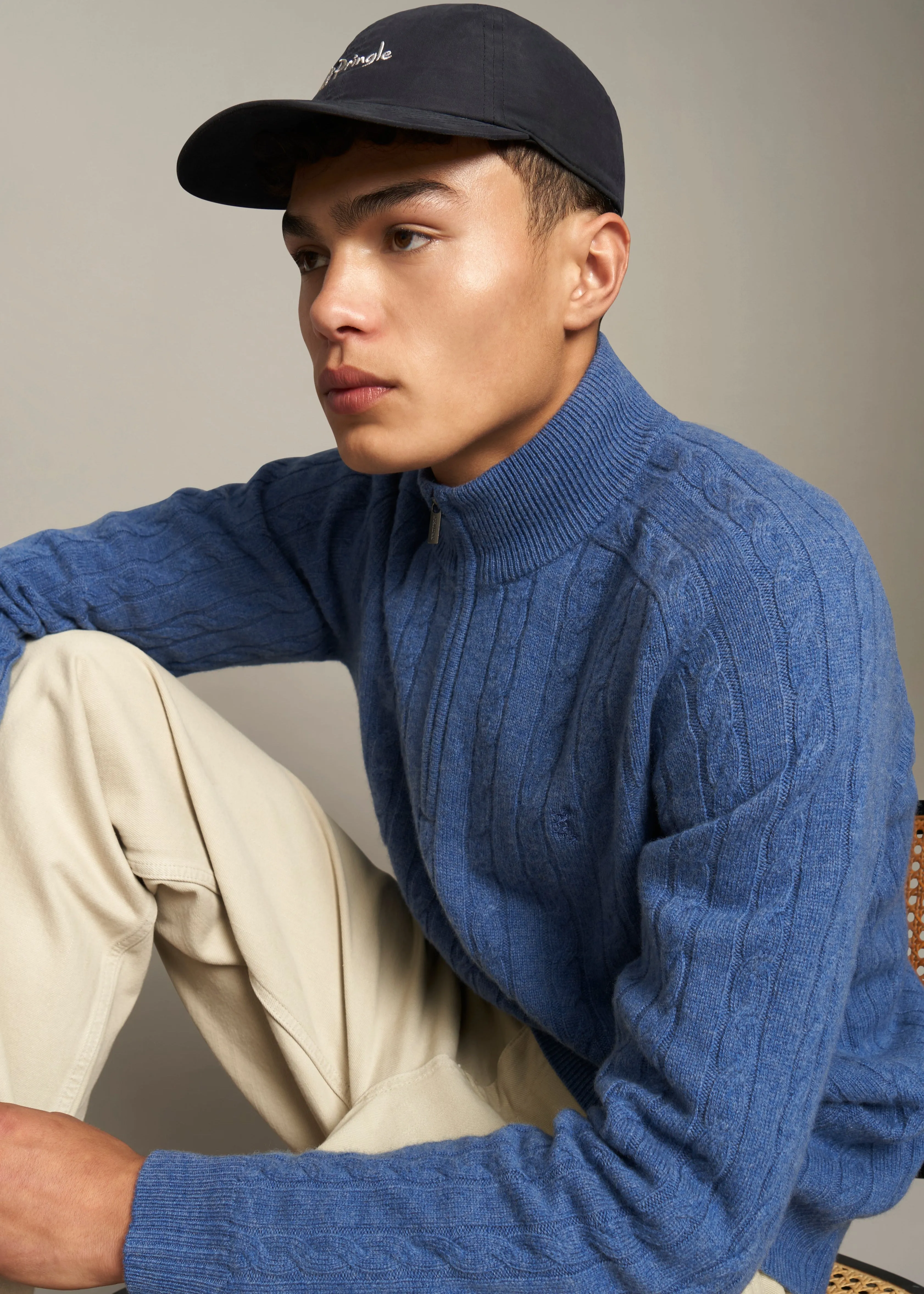 Quarter Zip Lambswool Cable Knit Jumper In Dark Indigo sold by Pringle of Scotland product image thumbnail 5