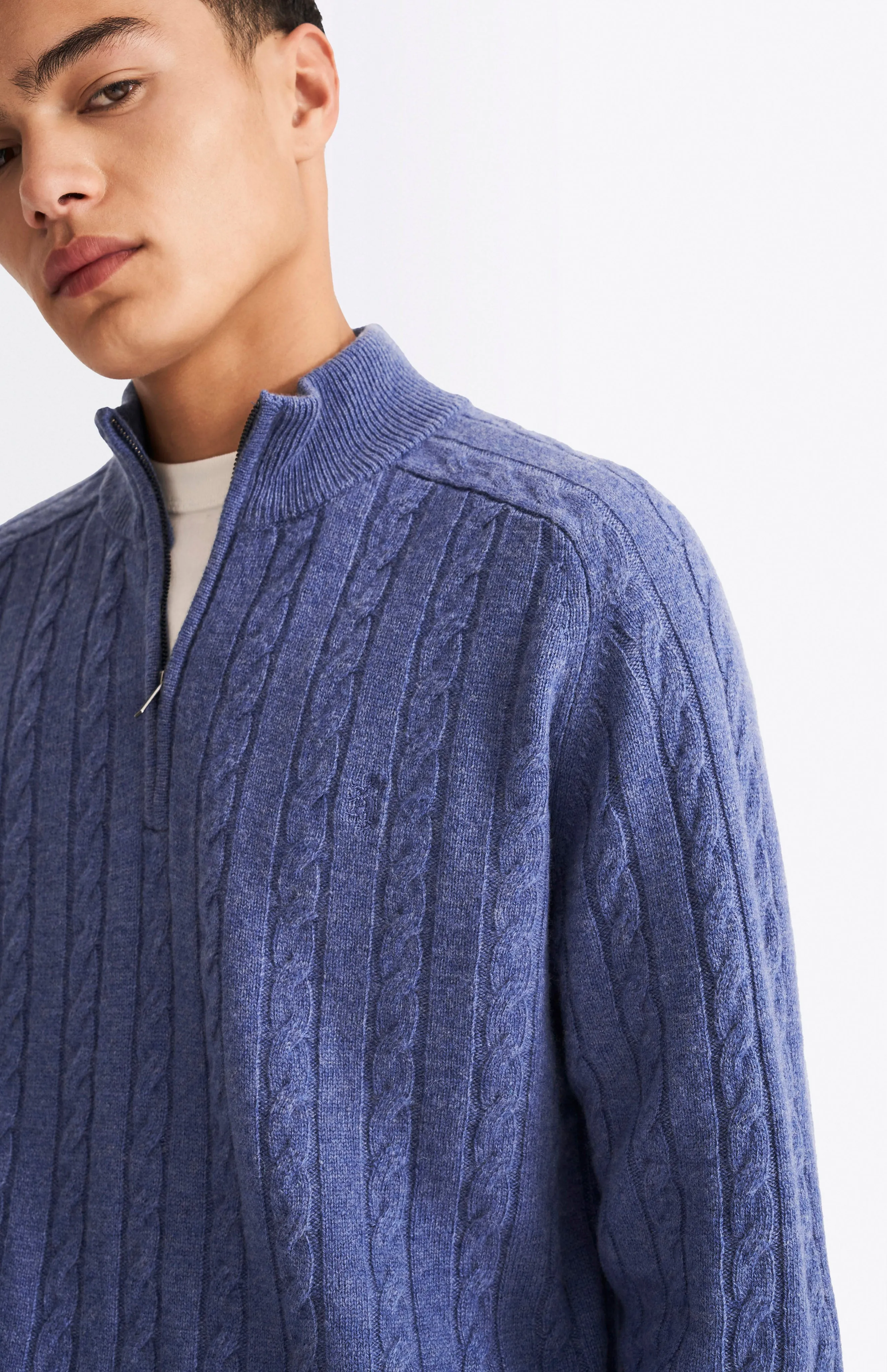 Quarter Zip Lambswool Cable Knit Jumper In Dark Indigo sold by Pringle of Scotland product image thumbnail 3