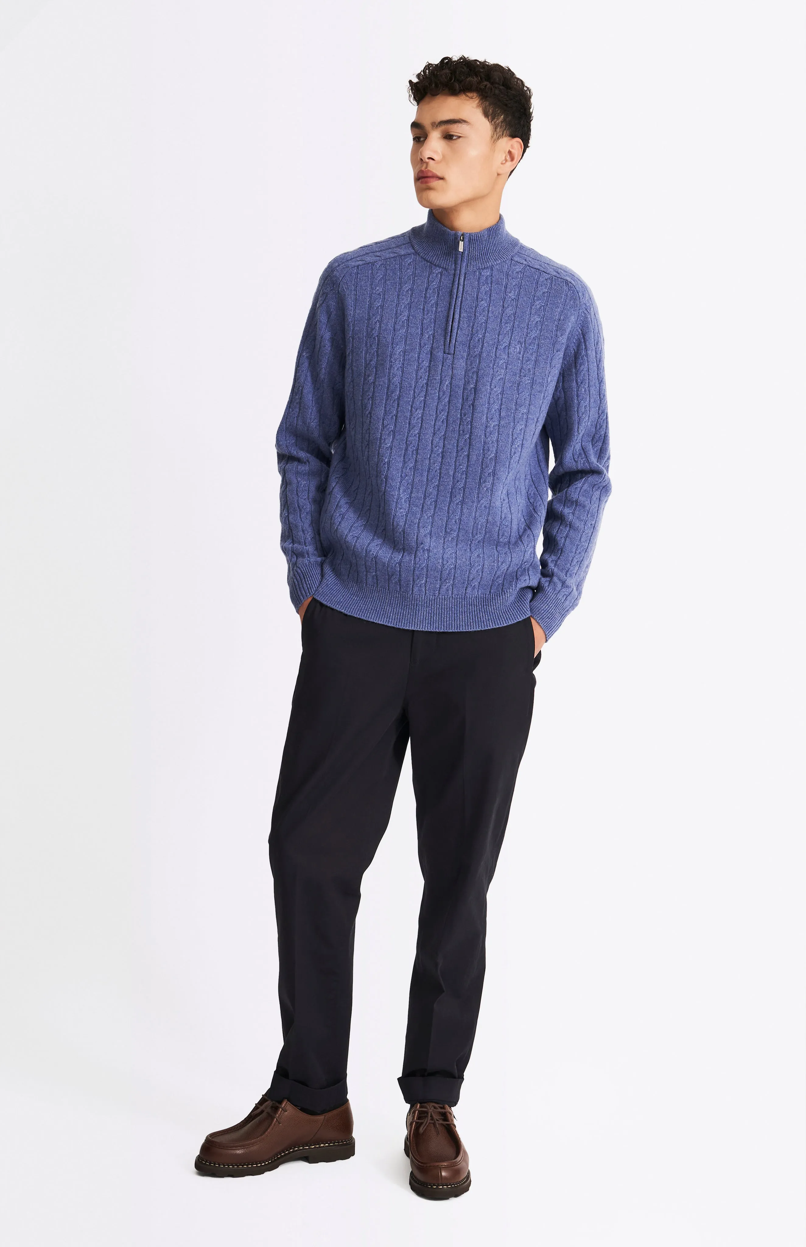 Quarter Zip Lambswool Cable Knit Jumper In Dark Indigo sold by Pringle of Scotland product image thumbnail 2