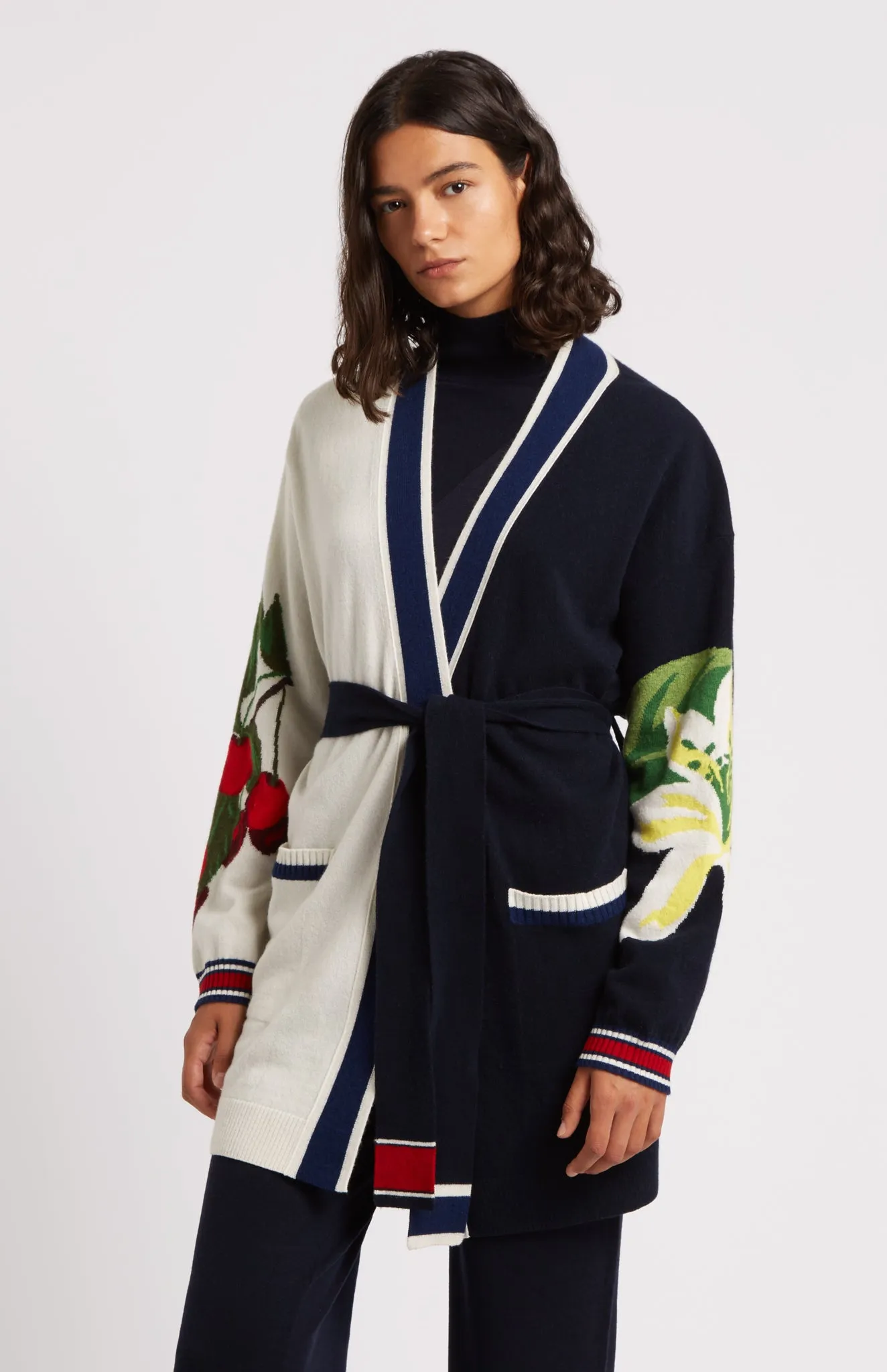 Intarsia Fruit Cashmere Blend Wrap Cardigan In Navy sold by Pringle of Scotland