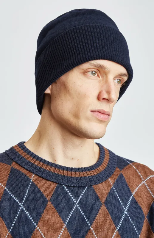 Ribbed Wool Cashmere Blend Beanie In Navy sold by Pringle of Scotland